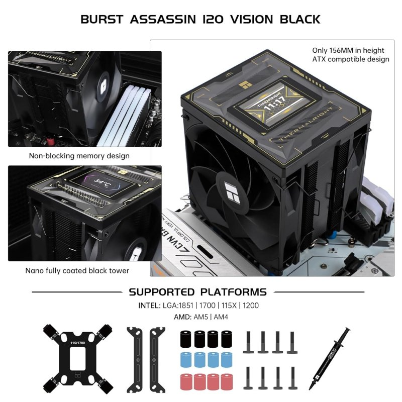 Panoramica del prodotto del dissipatore CPU nero Burst Assassin 120 Vision con accessori.