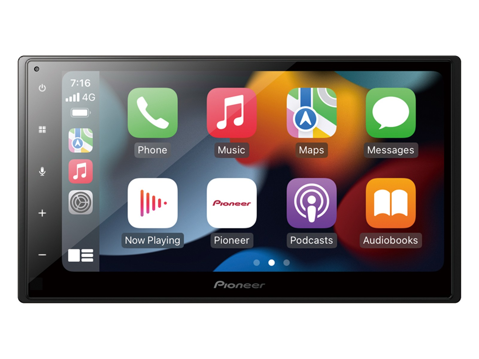 Schermo autoradio Pioneer con Apple CarPlay e icone di app per Telefono, Musica, Mappe, Messaggi e Podcast.