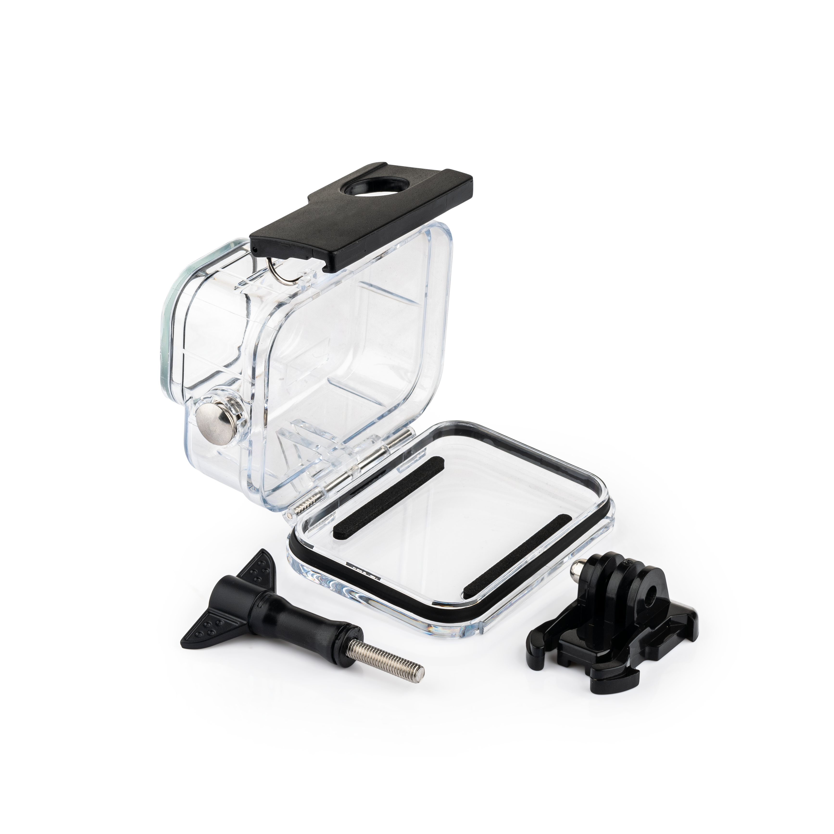 Clear action camera waterproof housing with a screw and mount on a white background.
