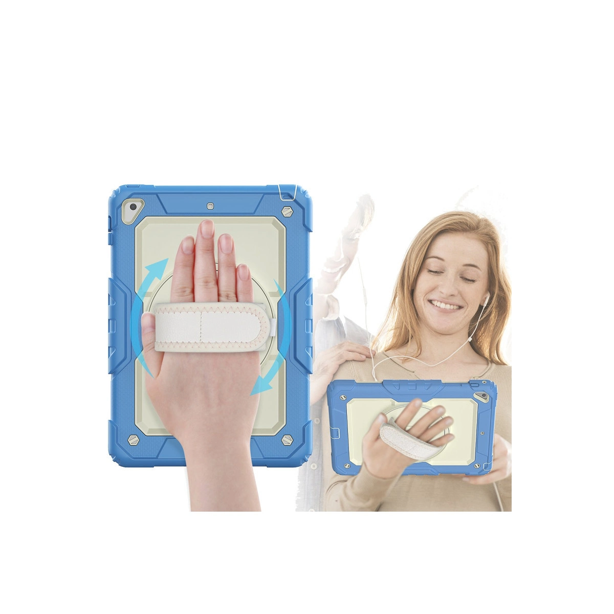 Bir kadın, arkasında el kayışı olan mavi bir tablet tutuyor.
