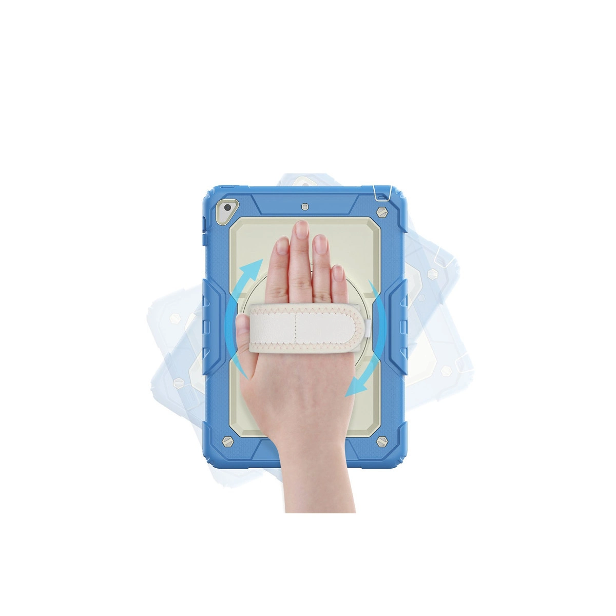 Mavi çerçeveli ve beyaz el kayışlı tablet kılıfını tutan bir el.