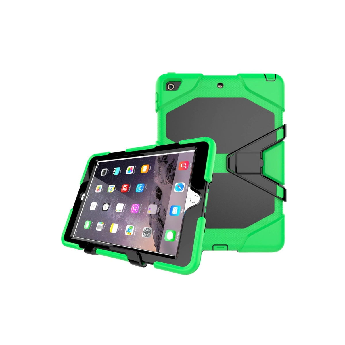 Dahili standa sahip sağlam yeşil koruyucu kılıf içindeki bir tablet, ön ve arka açılardan gösterilmiştir.