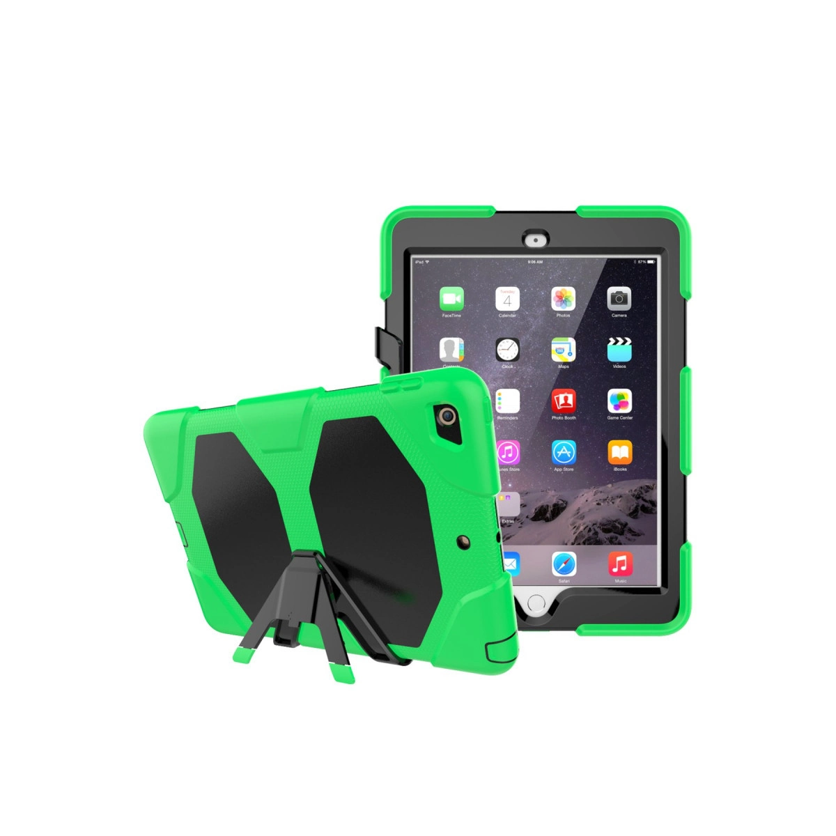 Beyaz arka planda yerleşik standlı yeşil ve siyah koruyucu kılıf içinde bir tablet.