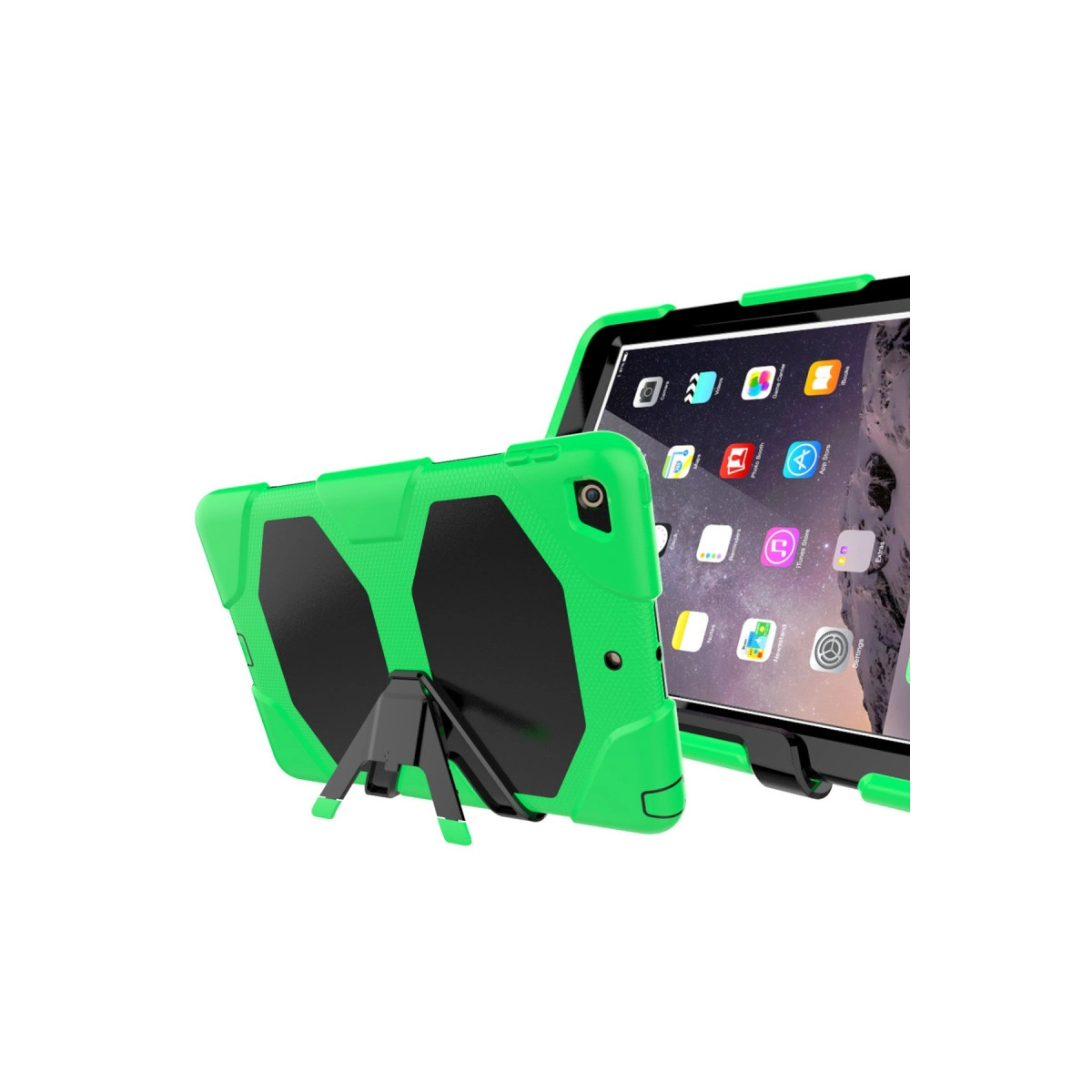 Beyaz arka planda yerleşik standa sahip, dayanıklı yeşil ve siyah koruyucu kılıf içindeki bir tablet.