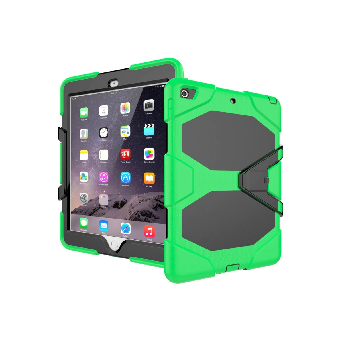 Dayanıklı yeşil ve siyah koruyucu kılıf içindeki bir tablet, ön yüzü ekranla ve arka yüzüyle gösteriliyor.