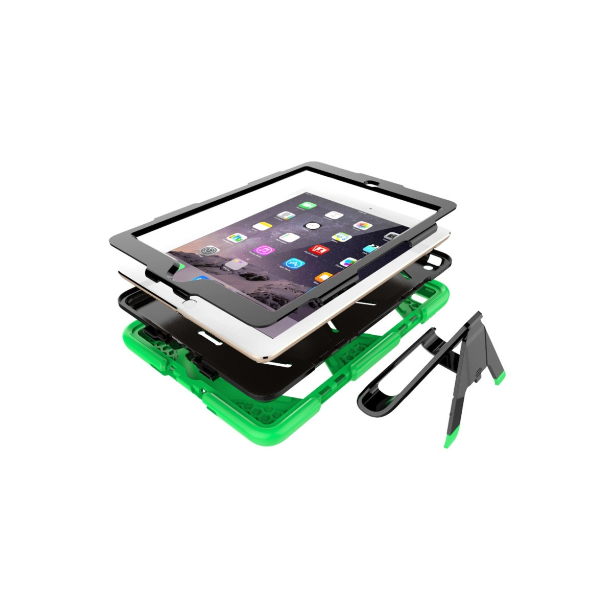 Yeşil çerçeveli ve ayrı bir standı olan  çoklu demonte koruyucu kılıf katmanlarındaki bir tablet.