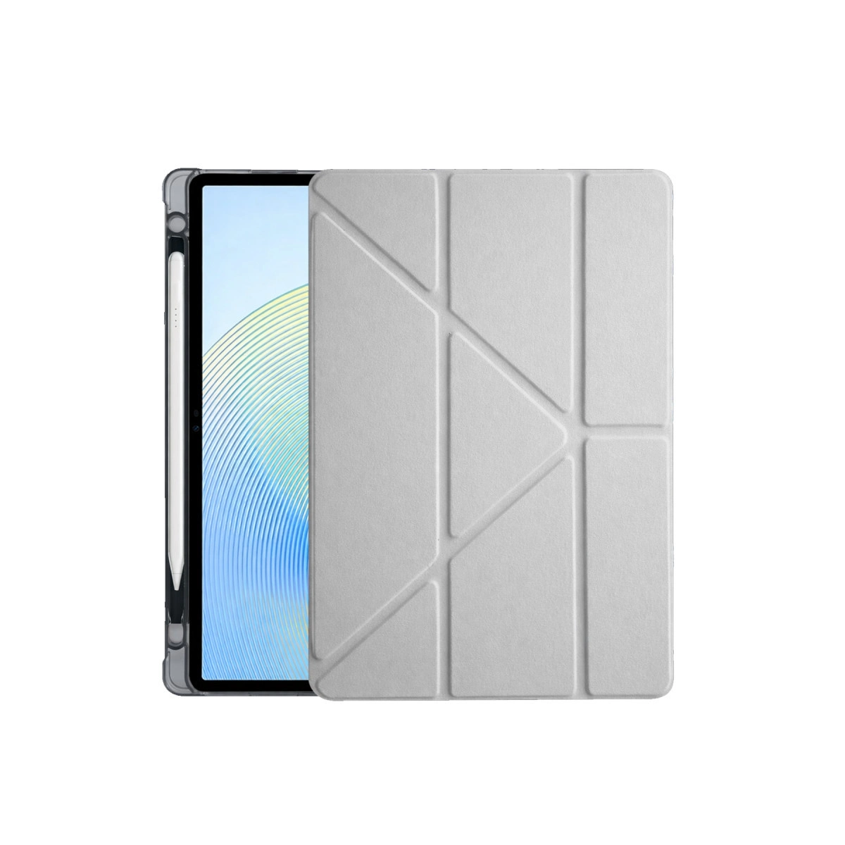 Açık gri katlanabilir kılıflı, yanda beyaz kalem ve mavi duvar kağıtlı tablet.