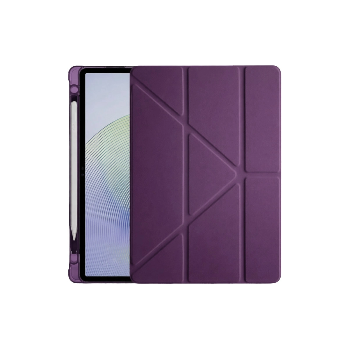 Beyaz arka planda kalemli mor tablet kılıfı.