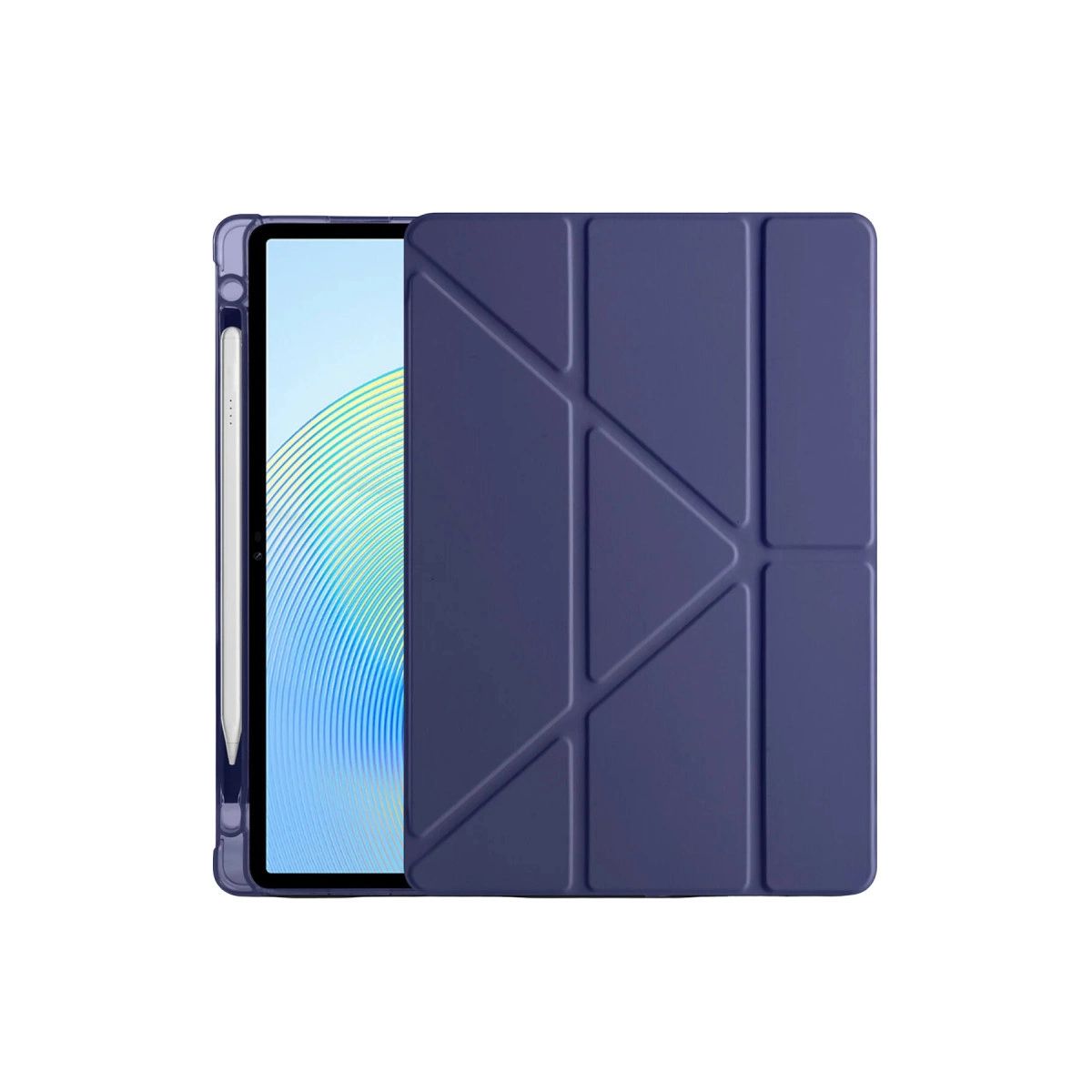 Mor renkli bir tablet kılıfı açık, mavi dalgalı ekranı ve kalemi görünüyor.