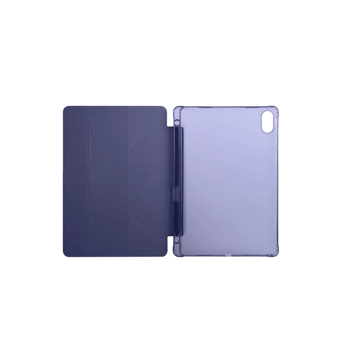 Beyaz arka planda katlanır kapaklı ve kalem tutuculu açık koyu mor tablet kılıfı.
