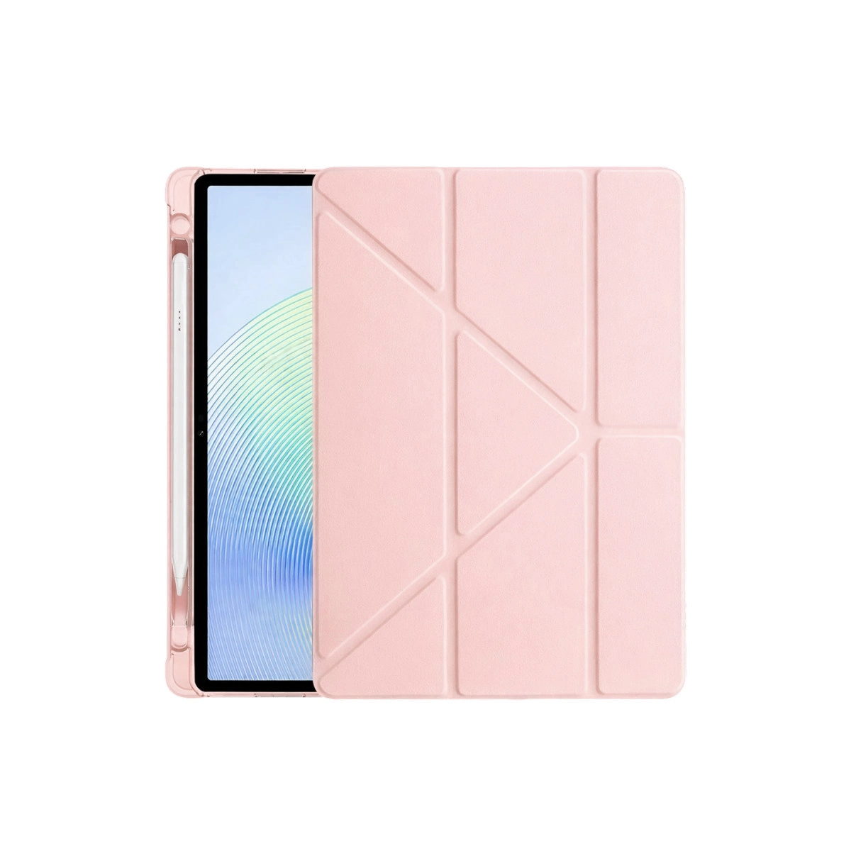 Sol tarafında bir kalem ve ekranda renkli desenli bir görüntü olan pembe bir tablet kılıfı.