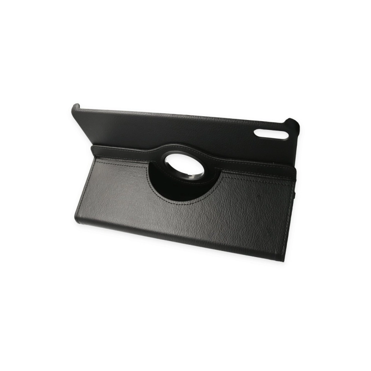 Beyaz arka planda siyah deri tablet koruyucu kılıf.