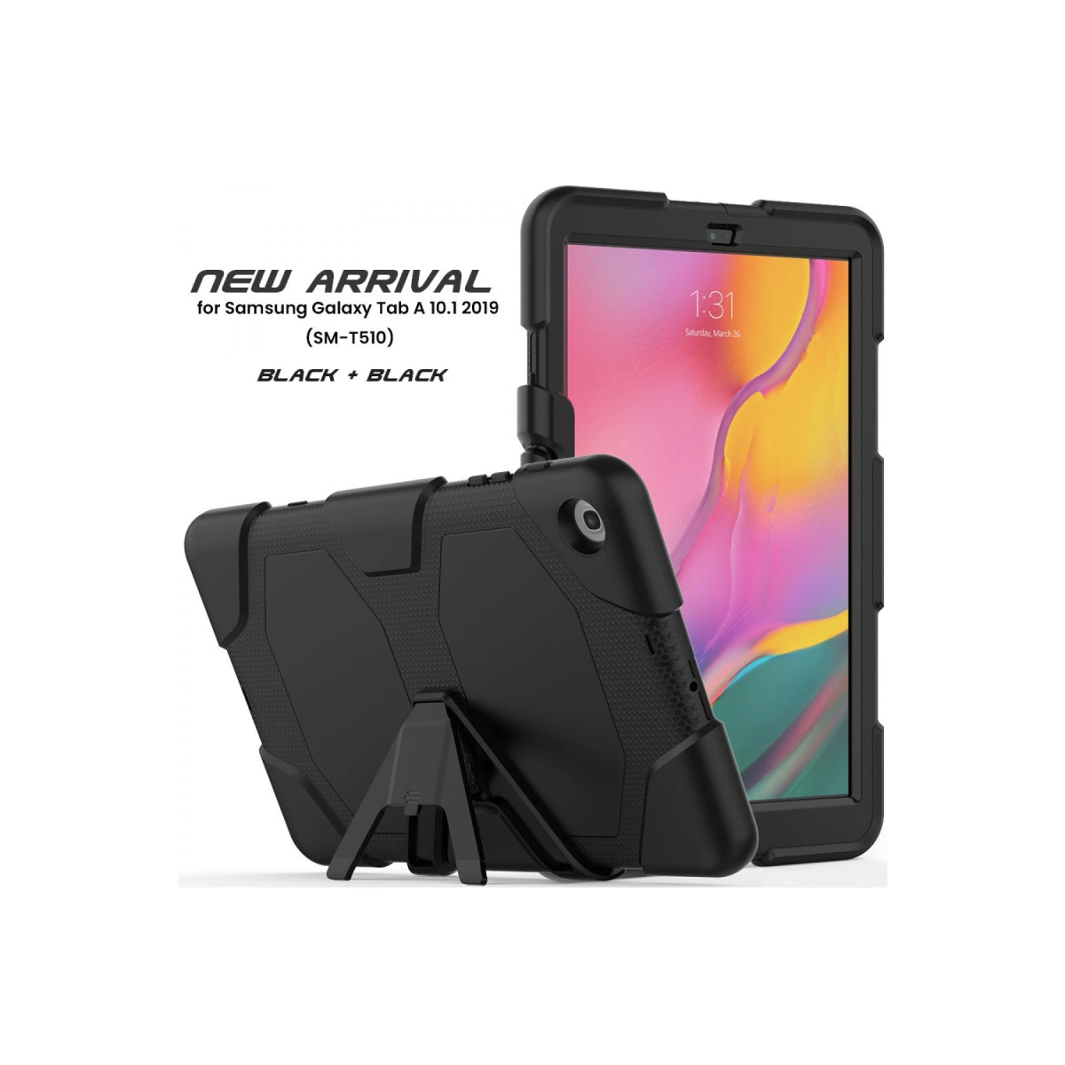 Samsung Galaxy Tab A 10.1 için entegre stantlı siyah koruyucu kılıf, ön ve arka görünüm.