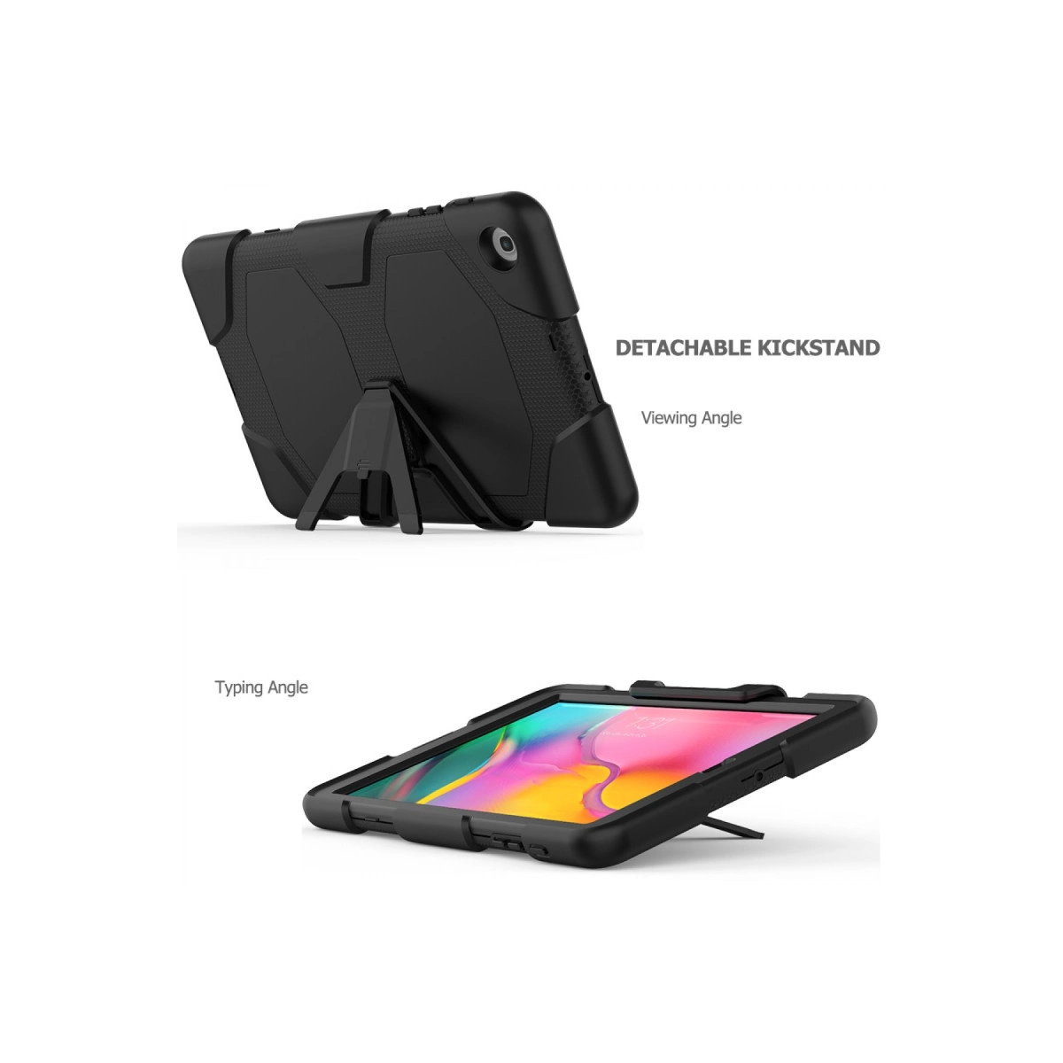 Görüntüleme ve yazma açıları için katlanabilir standa sahip dayanıklı koruyucu kılıfta siyah tablet.