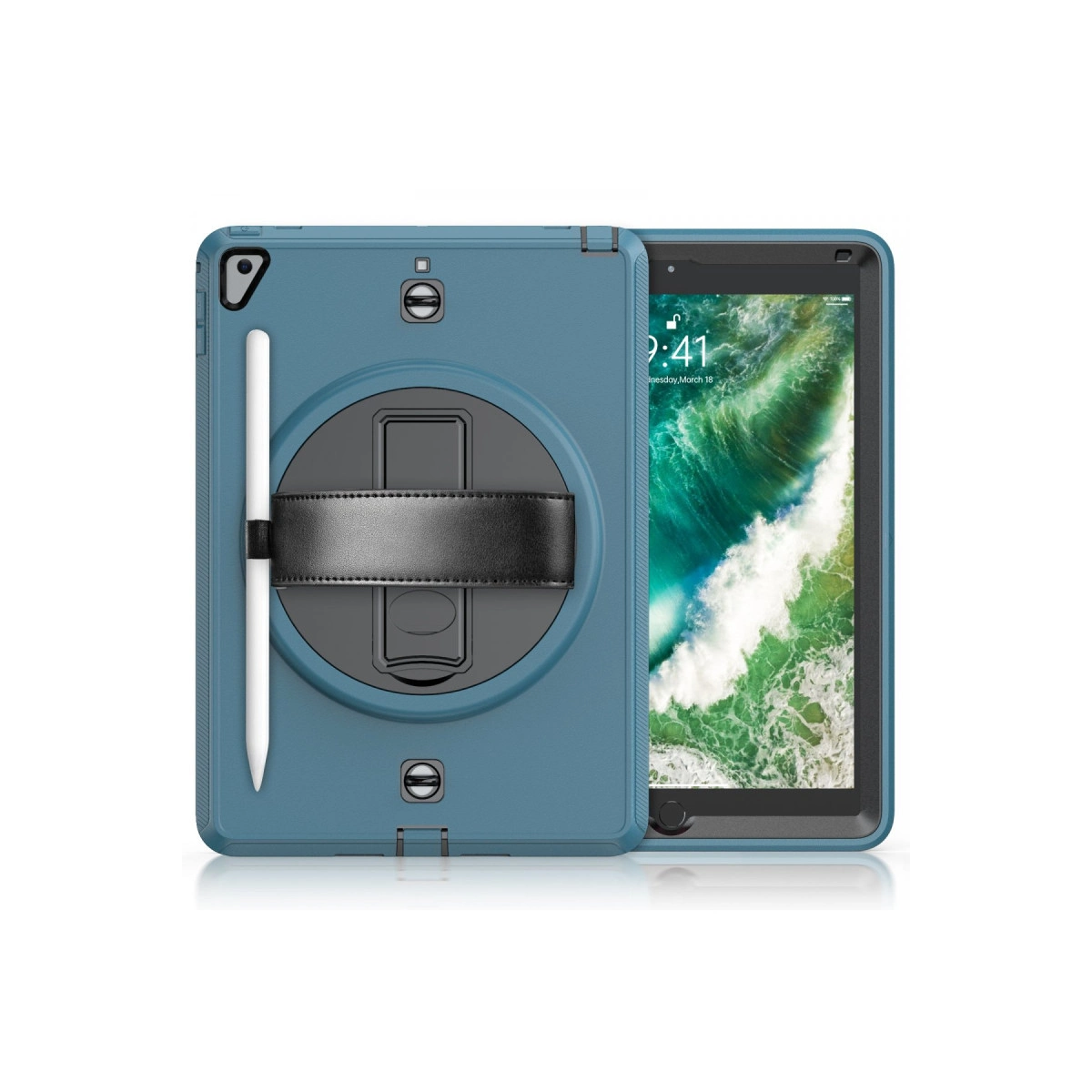 Arkada el kayışı, stant ve beyaz kalem olan, önde ekranı bulunan mavi tablet koruyucu kılıfı.