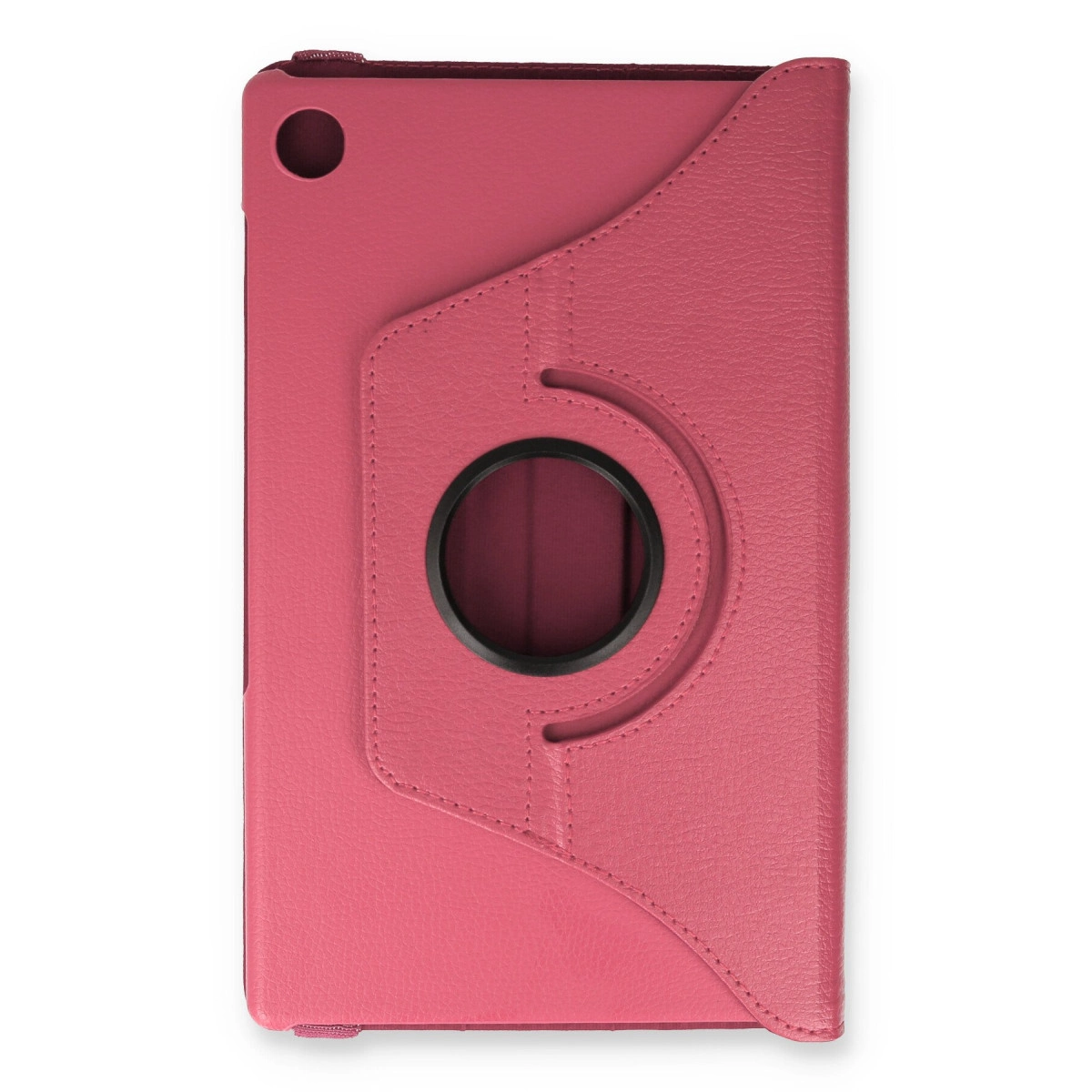 Ortasında siyah bir halka ve sol üstte kamera boşluğu olan kapalı pembe bir tablet kılıfı.