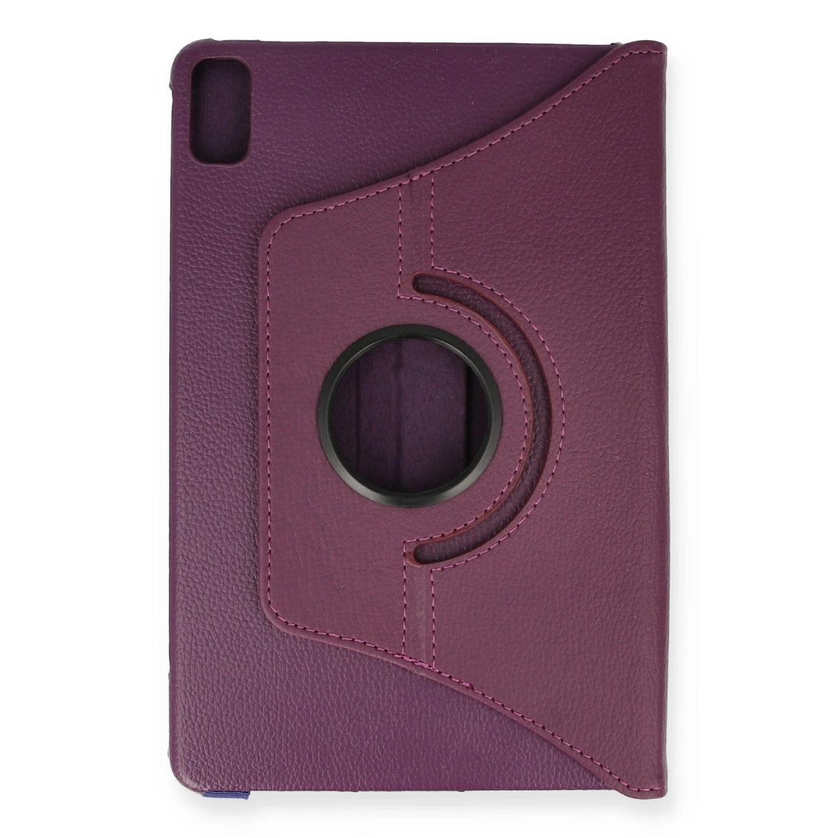 Arka tarafında entegre yuvarlak stant halkası bulunan mor deri tablet kılıfı.
