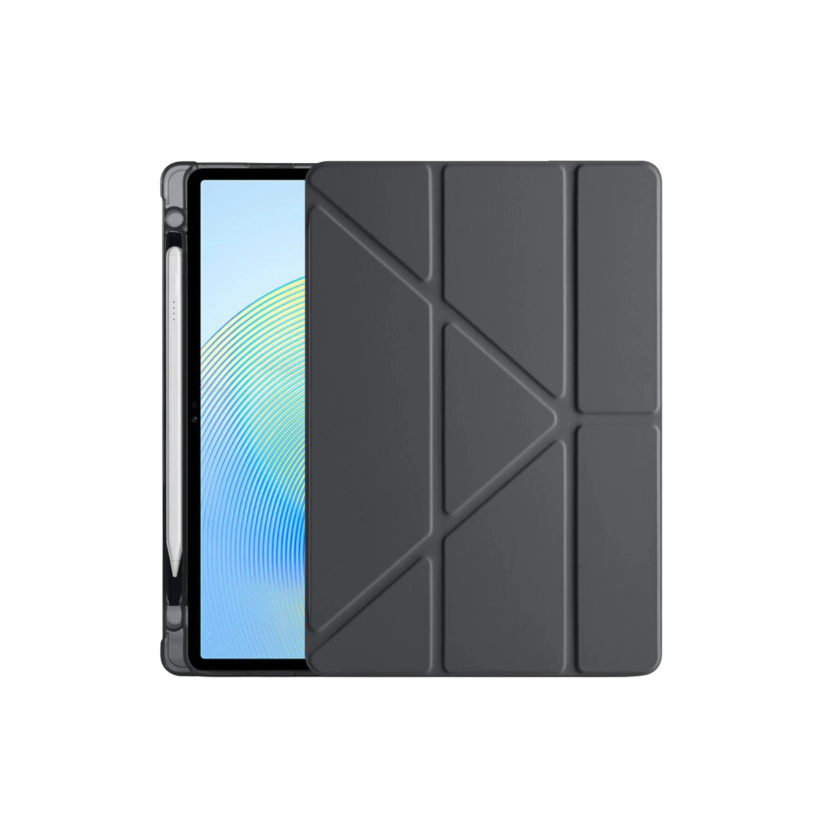 Kalemli ve mavi ekranlı gri bir tablet kılıfı.