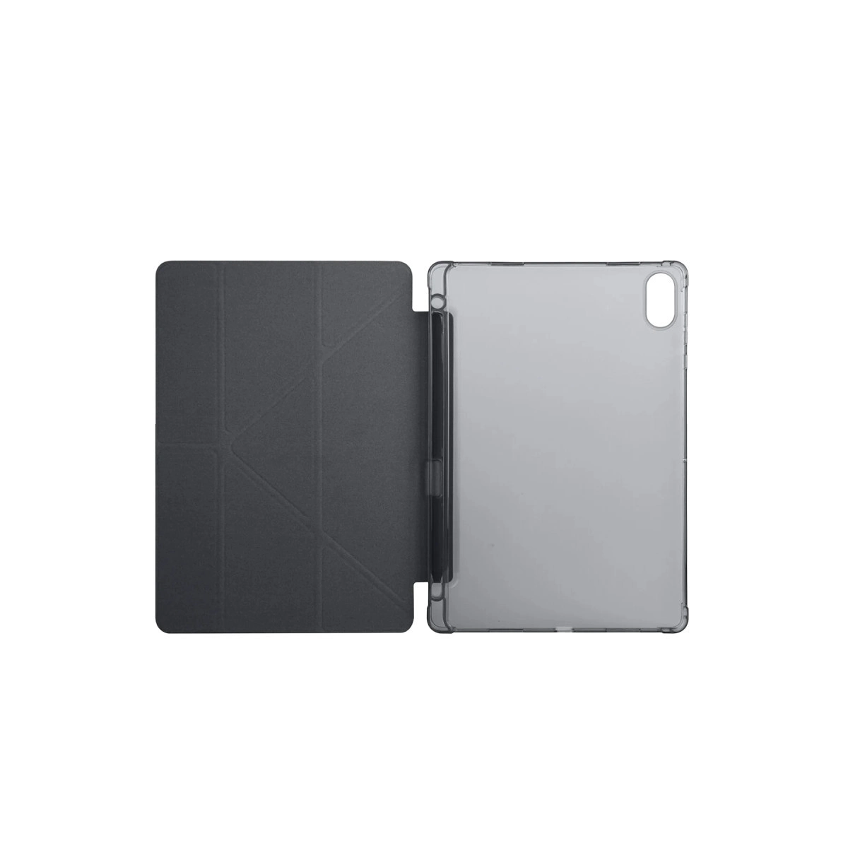 Beyaz arka plan üzerinde katlanabilir ön kapaklı ve entegre kalem tutuculu gri tablet kılıfı.