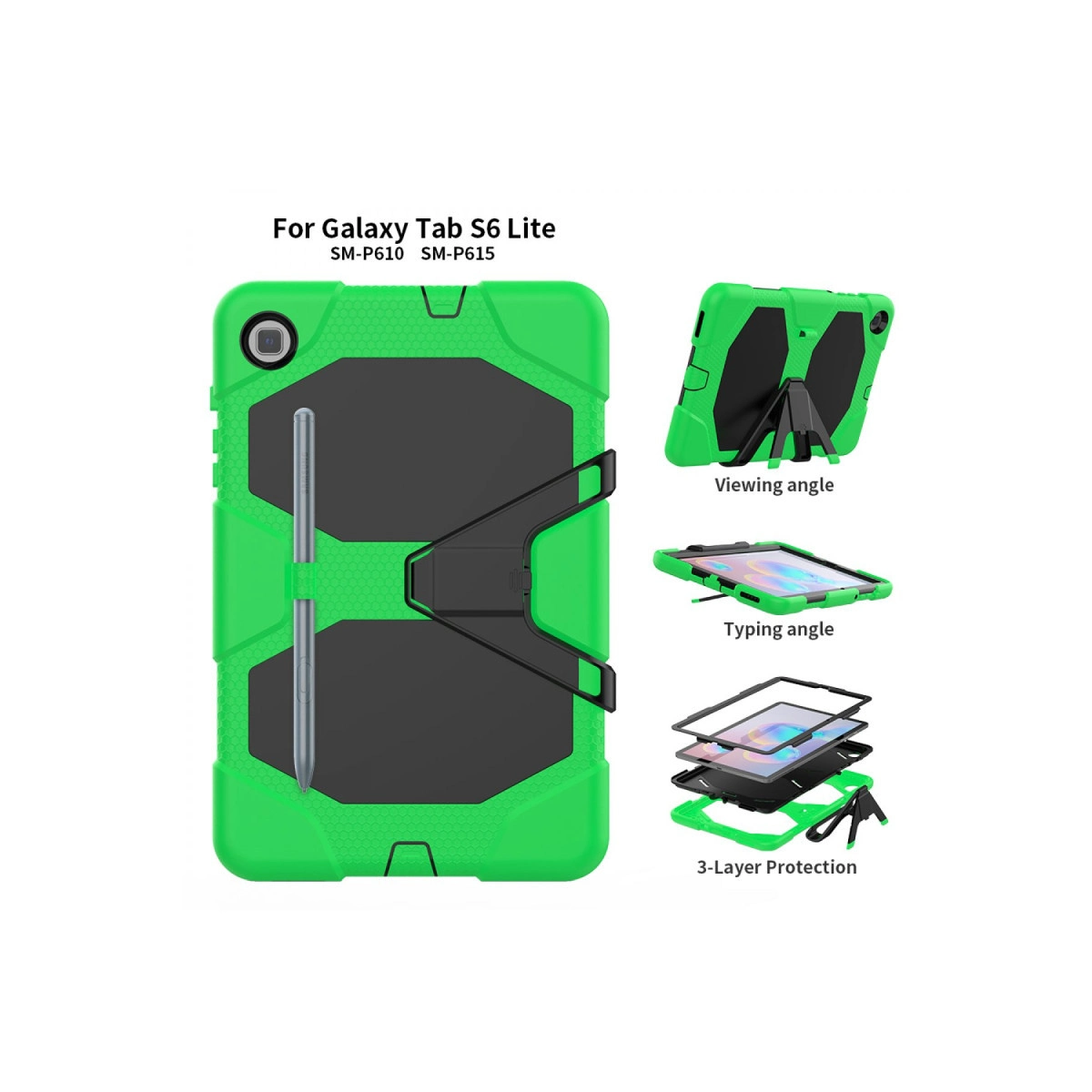 Standlı ve 3 katmanlı korumalı Galaxy Tab S6 Lite için yeşil dayanıklı kılıf.