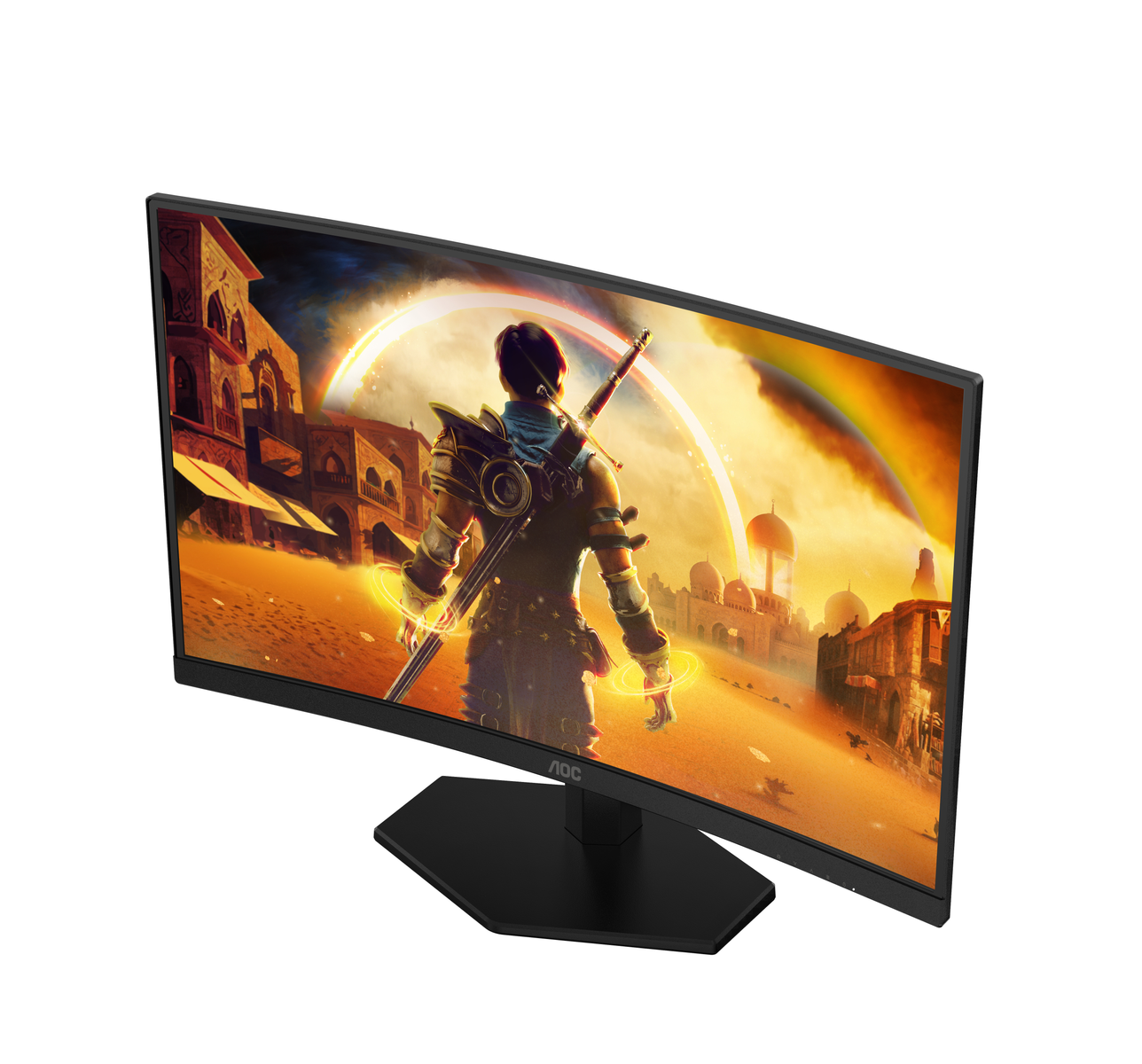 Un monitor da gioco AOC curvo mostra un paesaggio fantastico con un personaggio nel deserto.