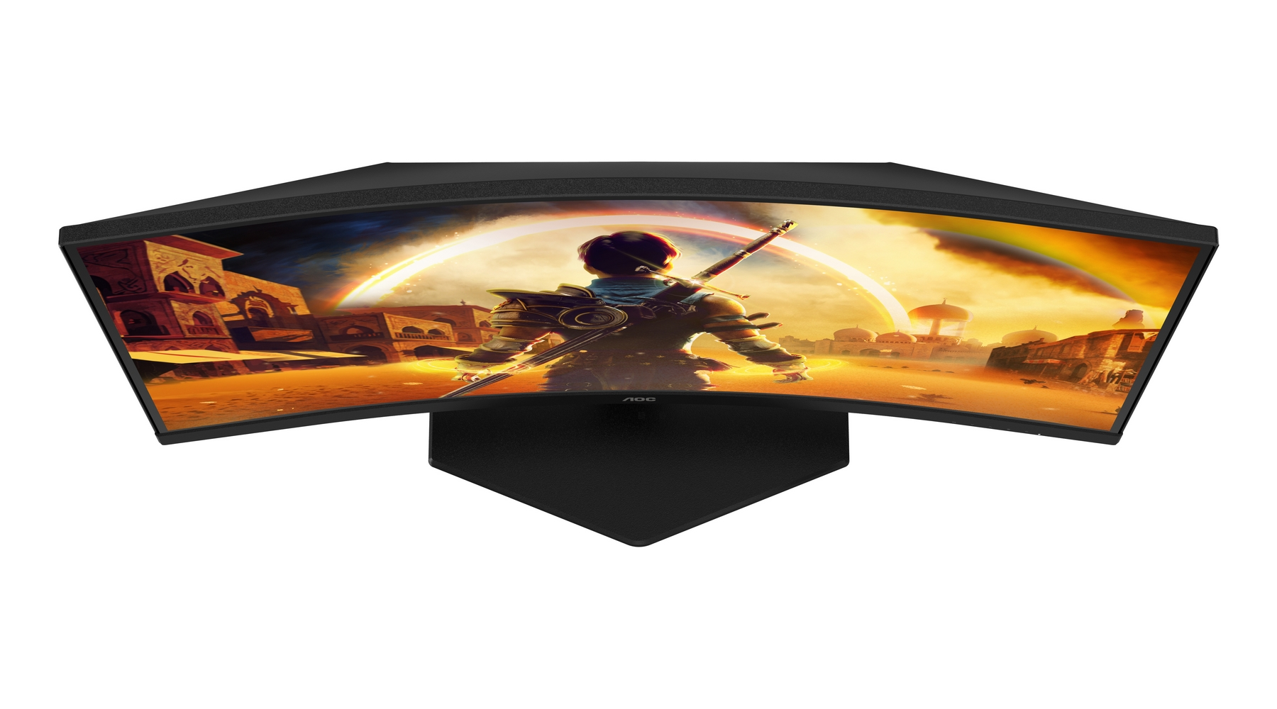 Un monitor da gioco curvo AOC mostra un paesaggio desertico fantastico con un guerriero.