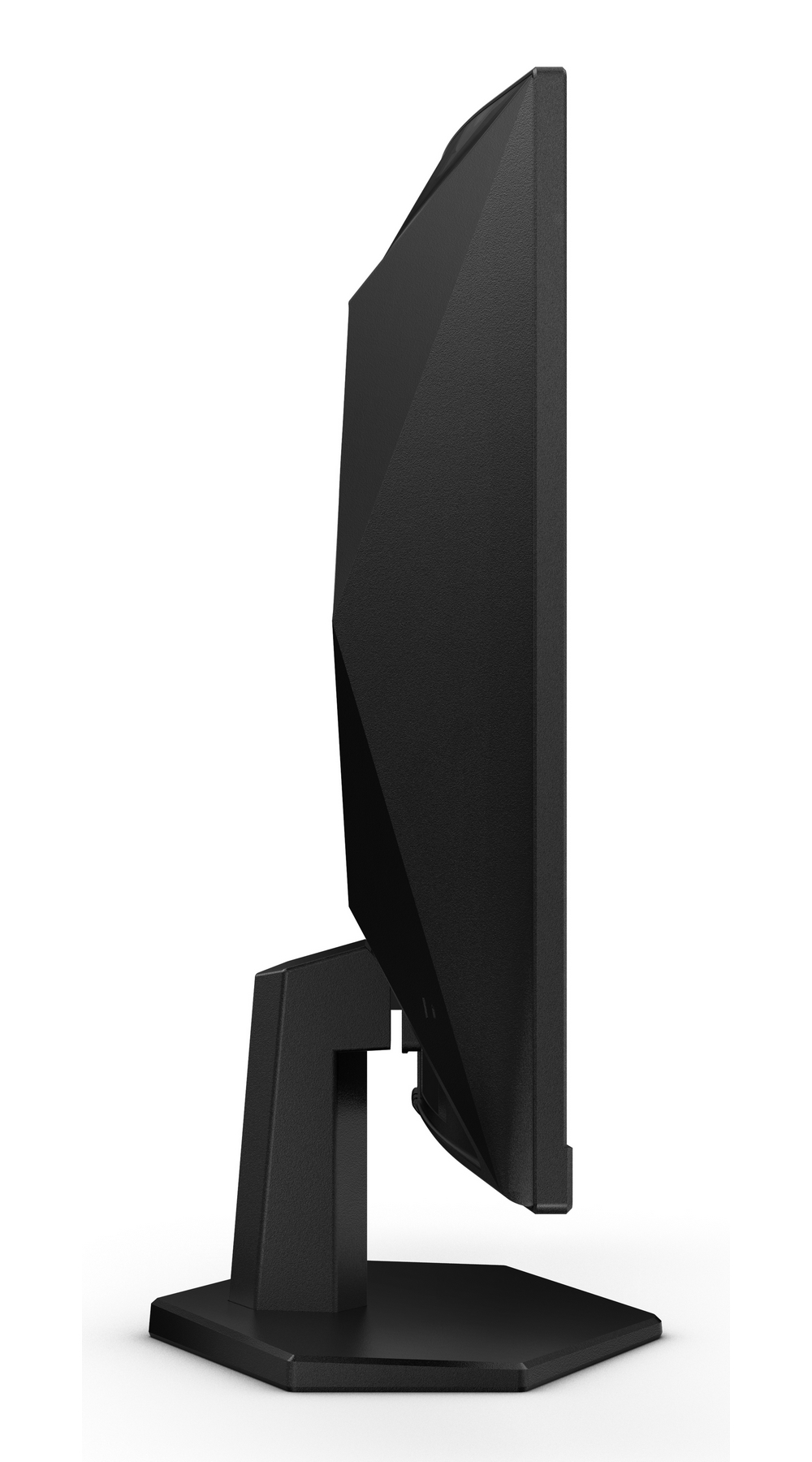Vista laterale di un monitor di computer nero su supporto esagonale, isolato su sfondo bianco.
