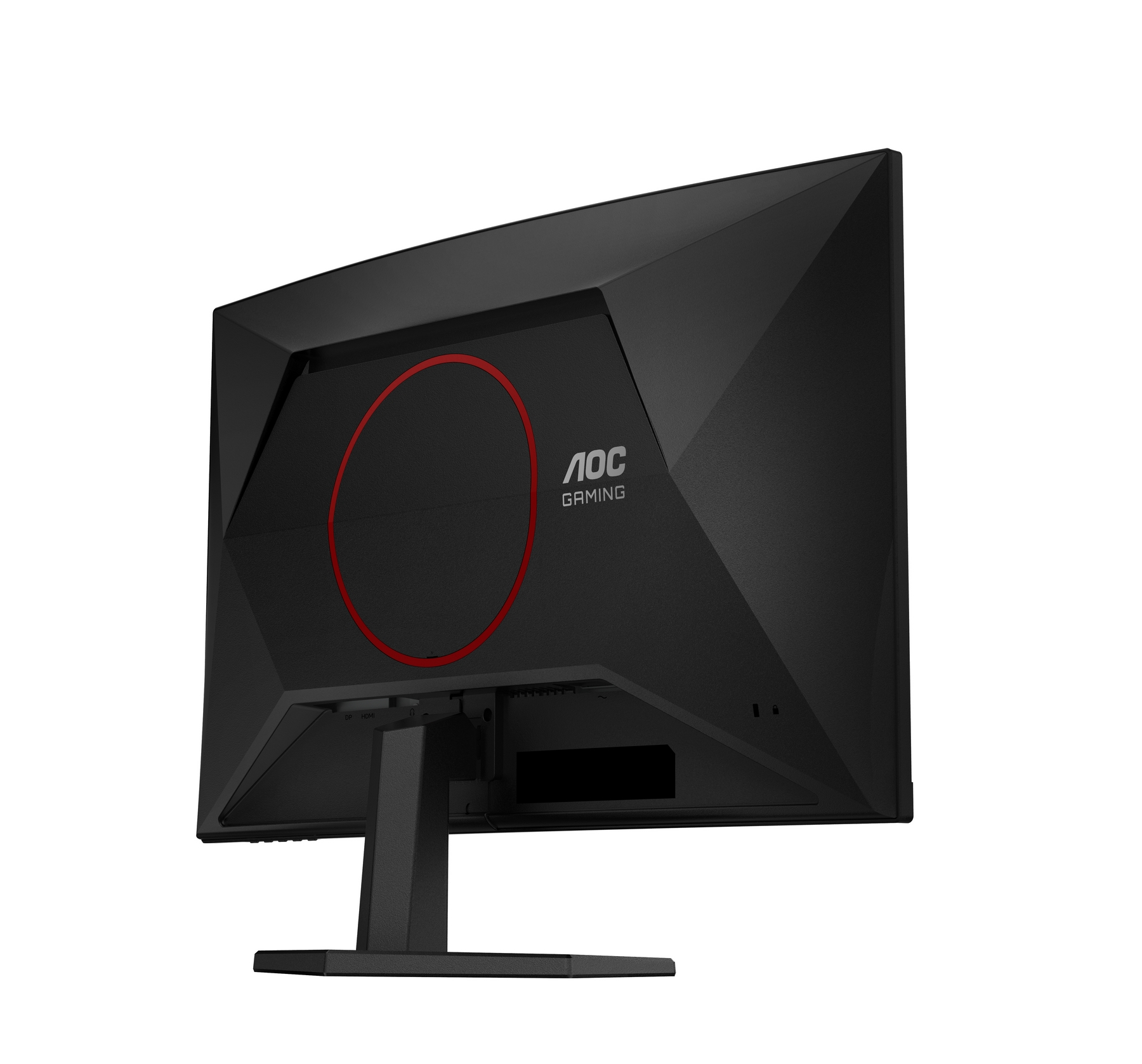 Vista posteriore di un monitor da gioco AOC nero con cerchio rosso e supporto su sfondo bianco.