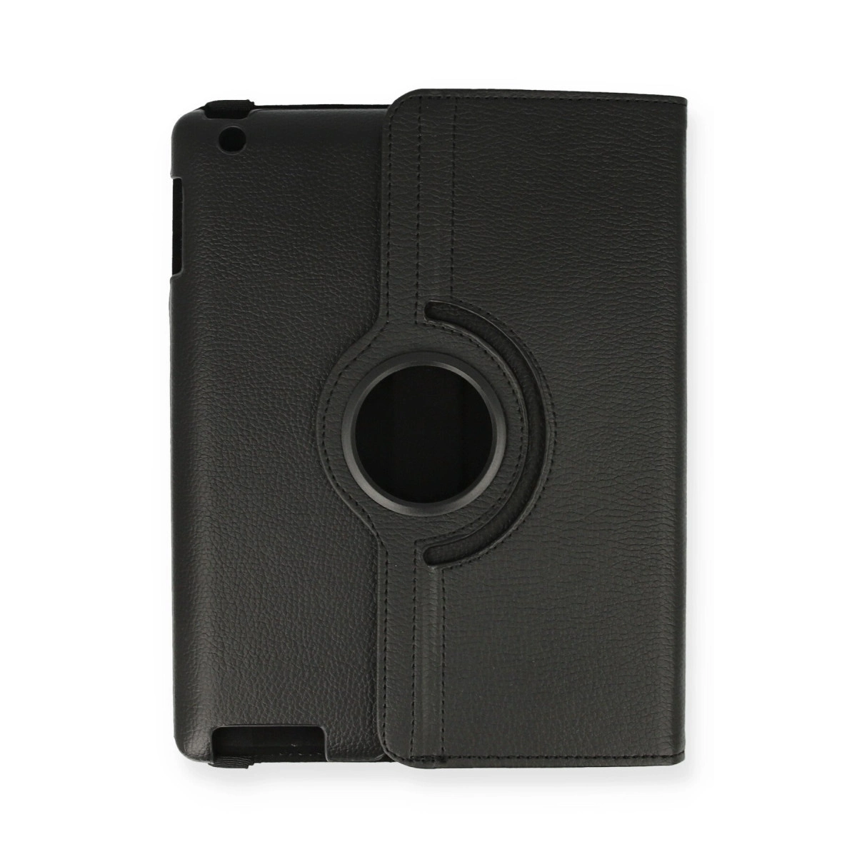 Beyaz arka planda ortasında yuvarlak stant montajı olan siyah deri tablet kılıfı.