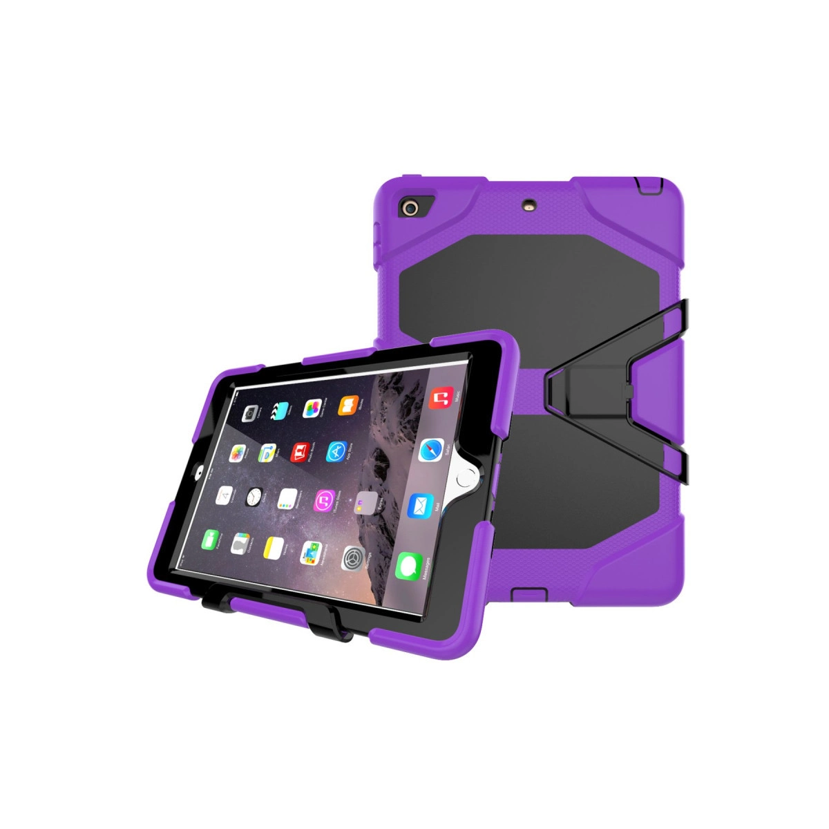 Önünde uygulama simgeleri ve arkasında standı bulunan, mor ve siyah koruyucu kılıflı bir tablet.