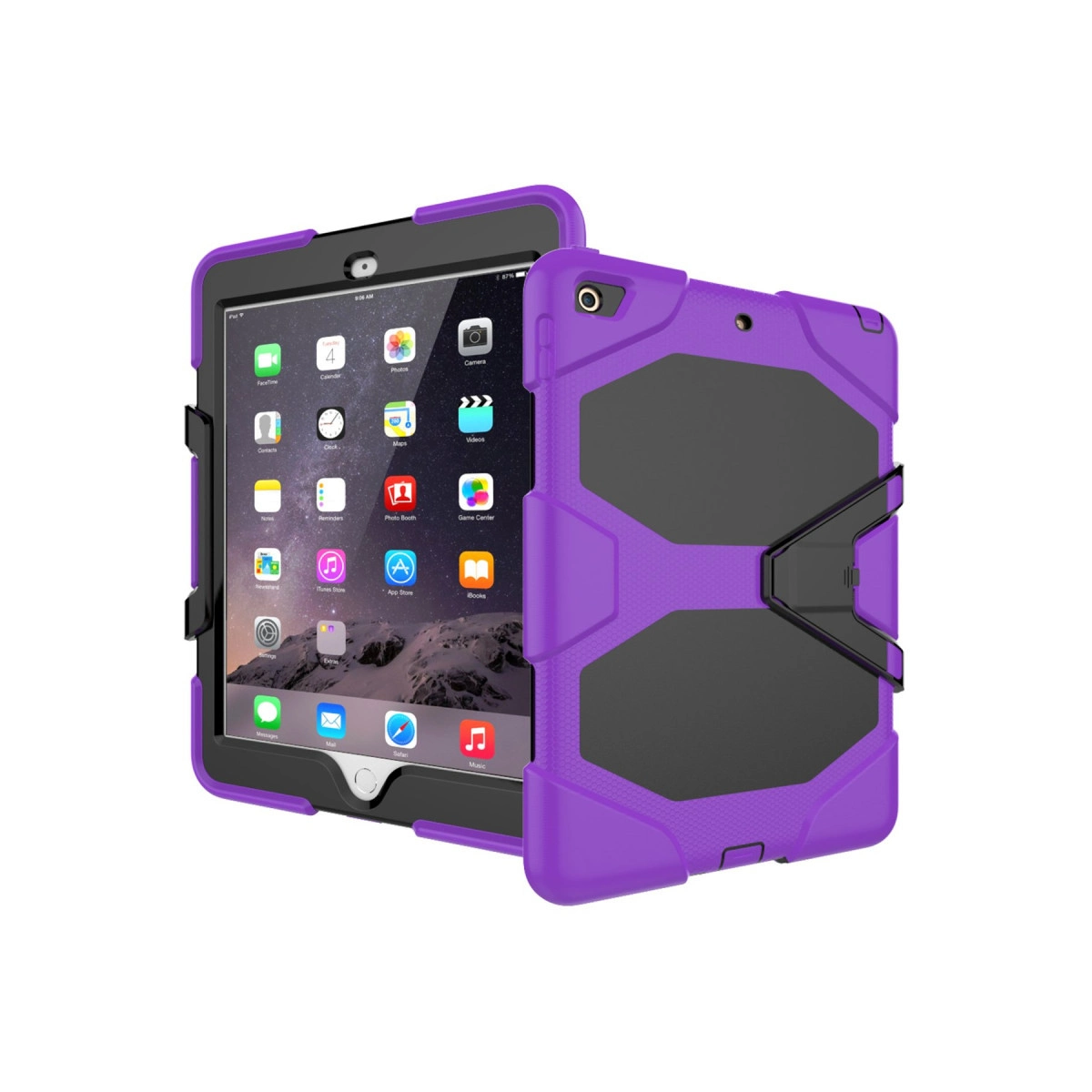 Mor ve siyah koruyucu kılıf içindeki bir tablet, ön ve arka taraflarıyla gösterilmiştir.