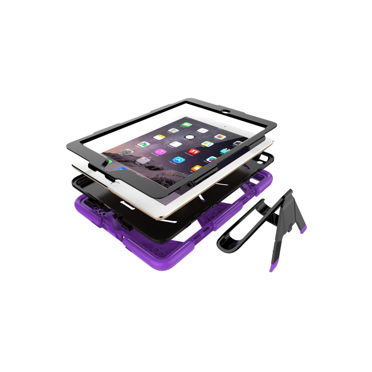 Beyaz arka planda çok parçalı siyah-mor koruyucu kılıf ve ayrı bir standa sahip bir tablet.