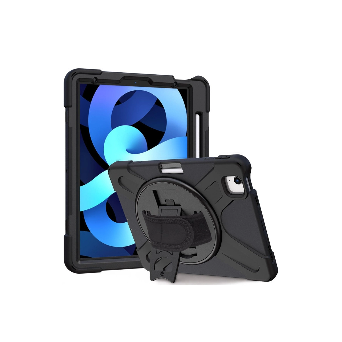 Beyaz arka planda iki siyah koruyucu tablet kılıfı, biri dik diğeri kayışlı açılı.