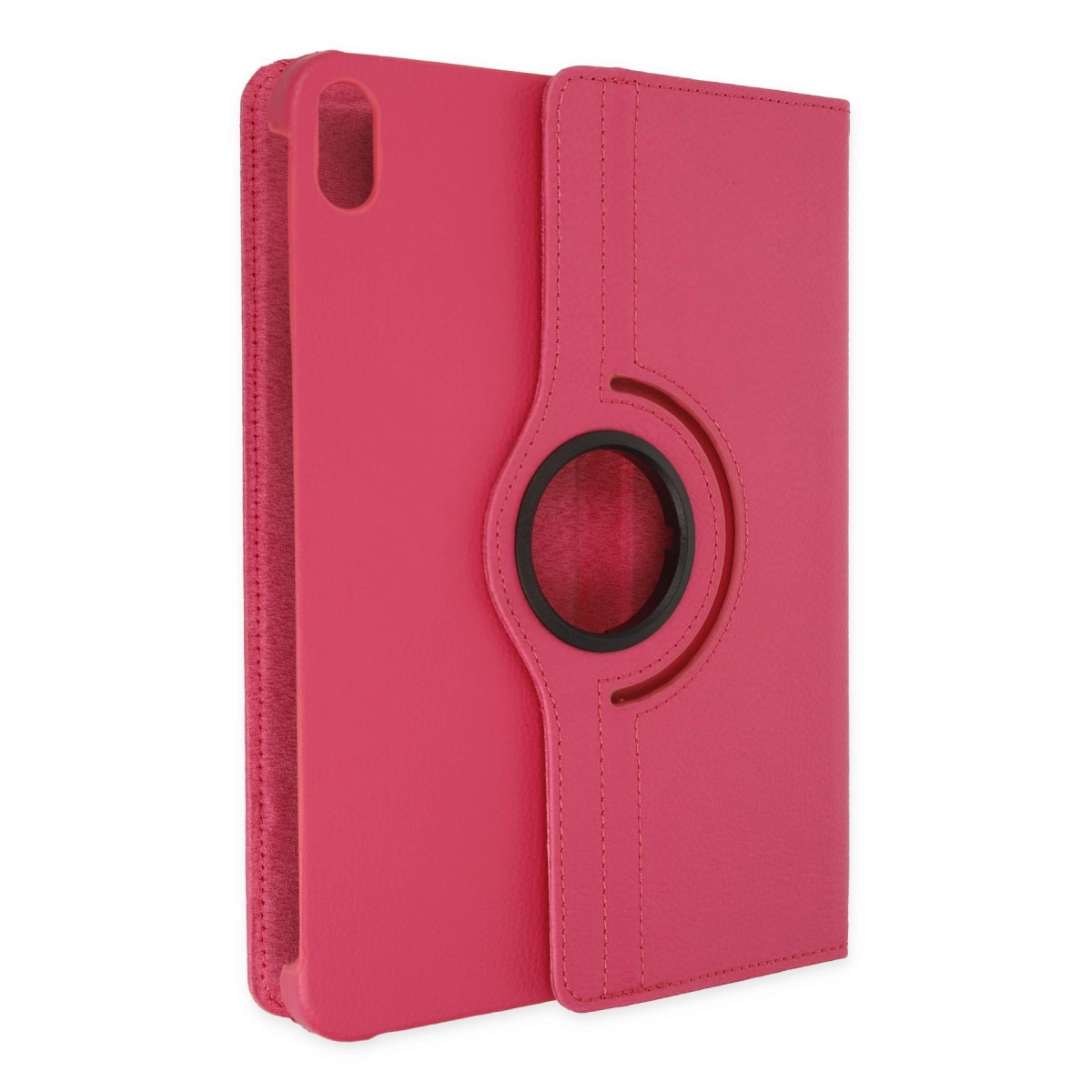 Beyaz arka planda ön tarafında siyah dönen halka bulunan canlı pembe tablet kılıfı.