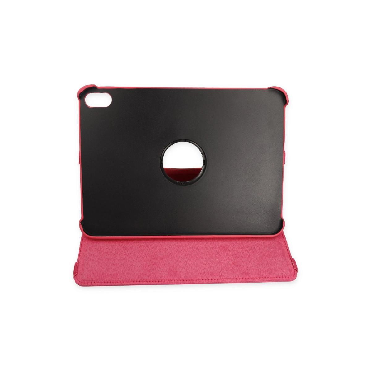 Siyah iç kısımlı ve yuvarlak orta kesikli pembe tablet kılıfı, beyaz arka planda.
