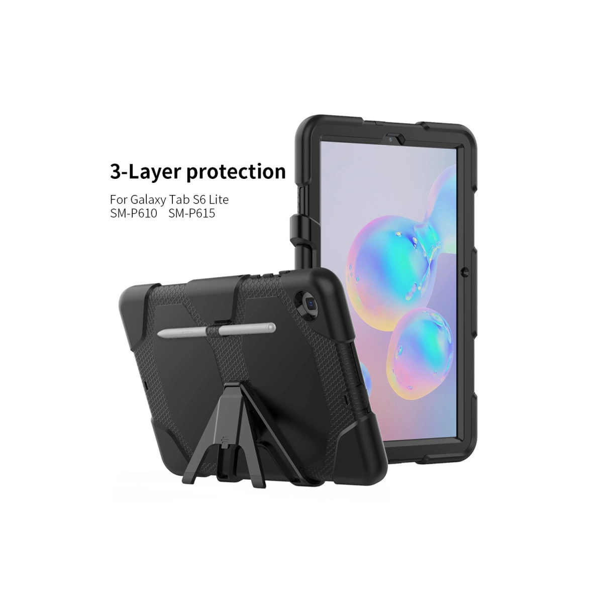 Dahili stant ve kalemli Galaxy Tab S6 Lite için siyah koruyucu kılıf.
