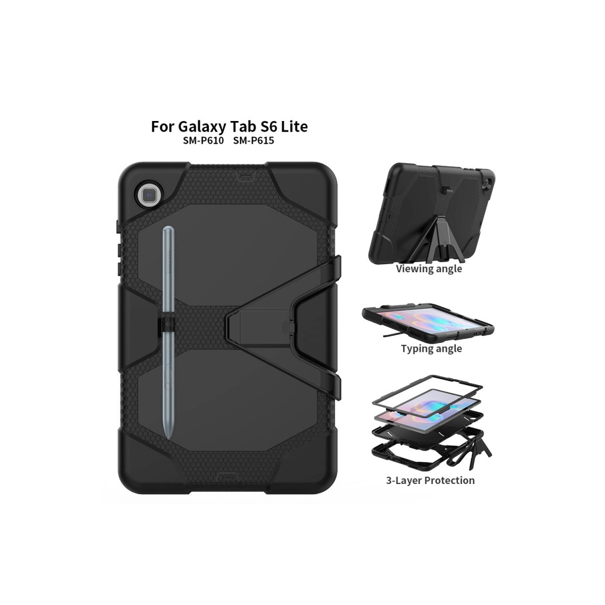 Standlı ve kalemli Galaxy Tab S6 Lite için siyah koruyucu kılıf.