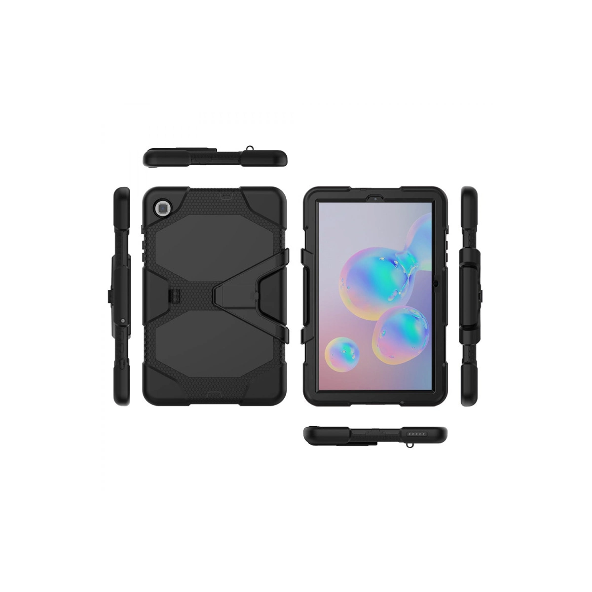 Bir tablet için siyah koruyucu kılıfın ön, arka ve yan açıları gösteren çoklu görünümleri.