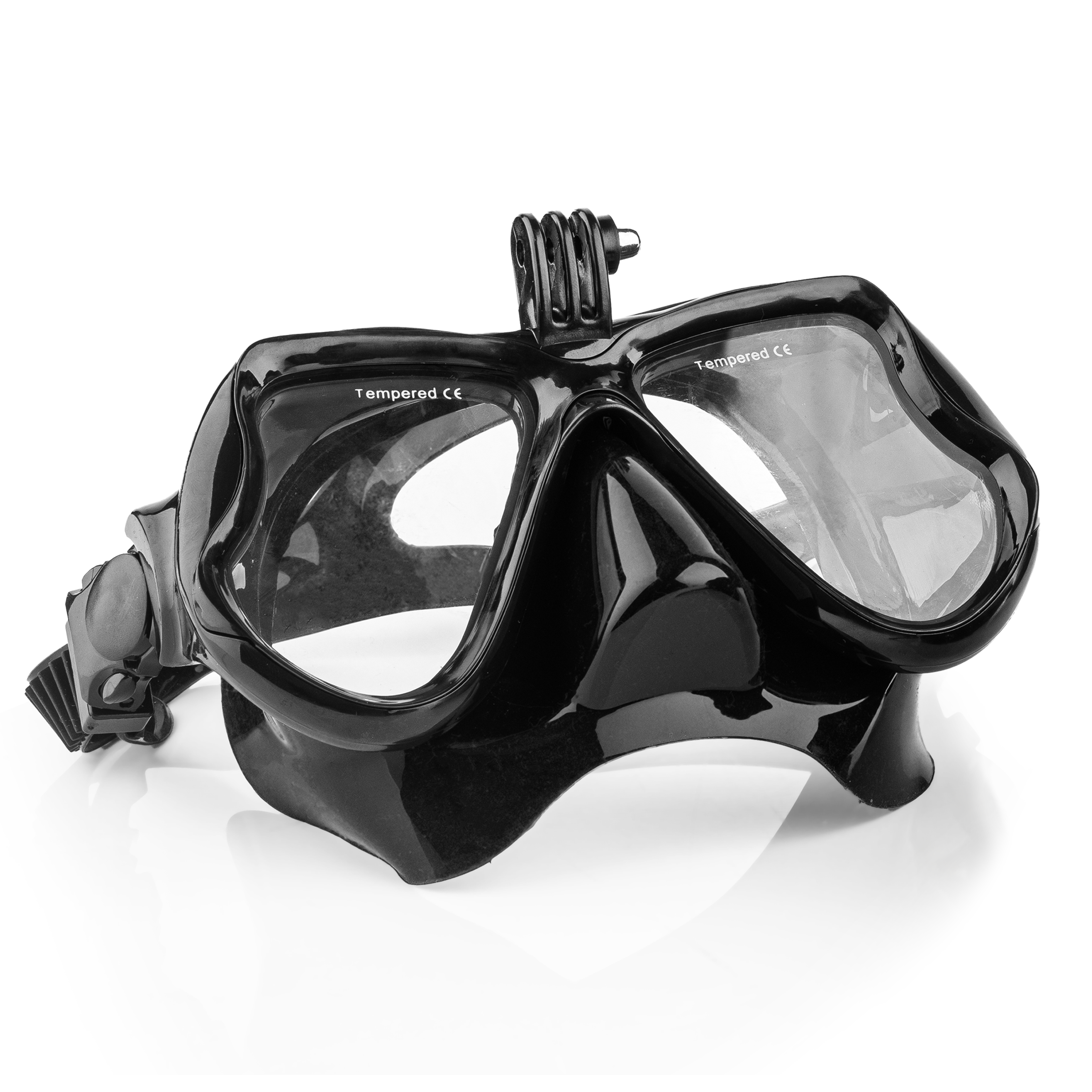 Zwarte duikmasker met camerabevestiging bovenop en gehard glazen lenzen op witte achtergrond.