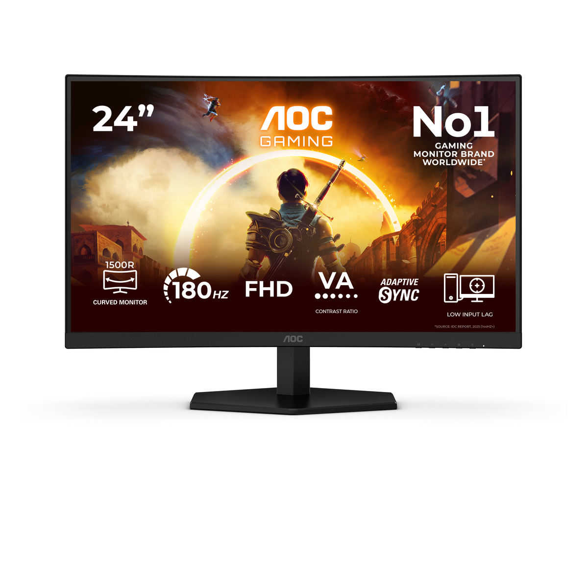 Un monitor da gioco AOC curvo da 24 pollici con 180Hz e FHD mostra una scena di gioco fantasy.