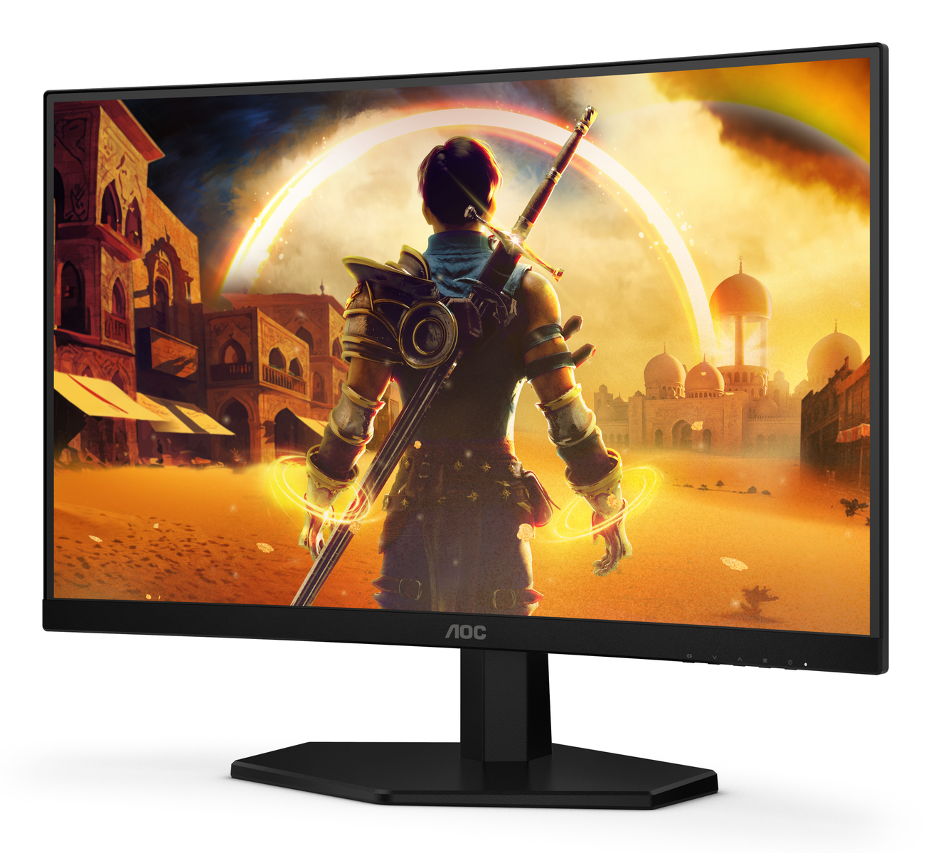 Monitor curvo AOC con un guerriero fantasy e una città nel deserto sullo sfondo.