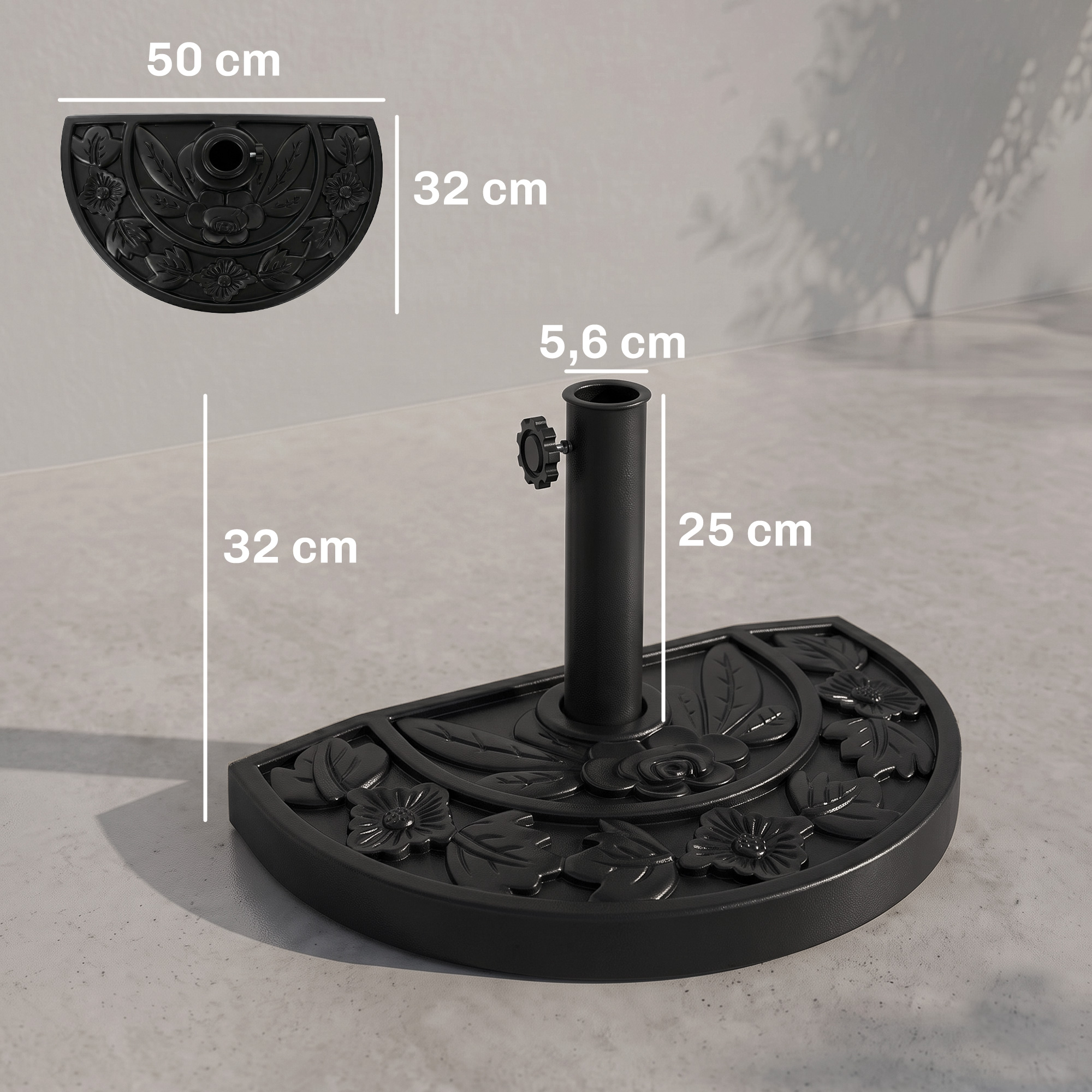 Base de sombrilla semicircular negra con motivos florales y dimensiones en cm.