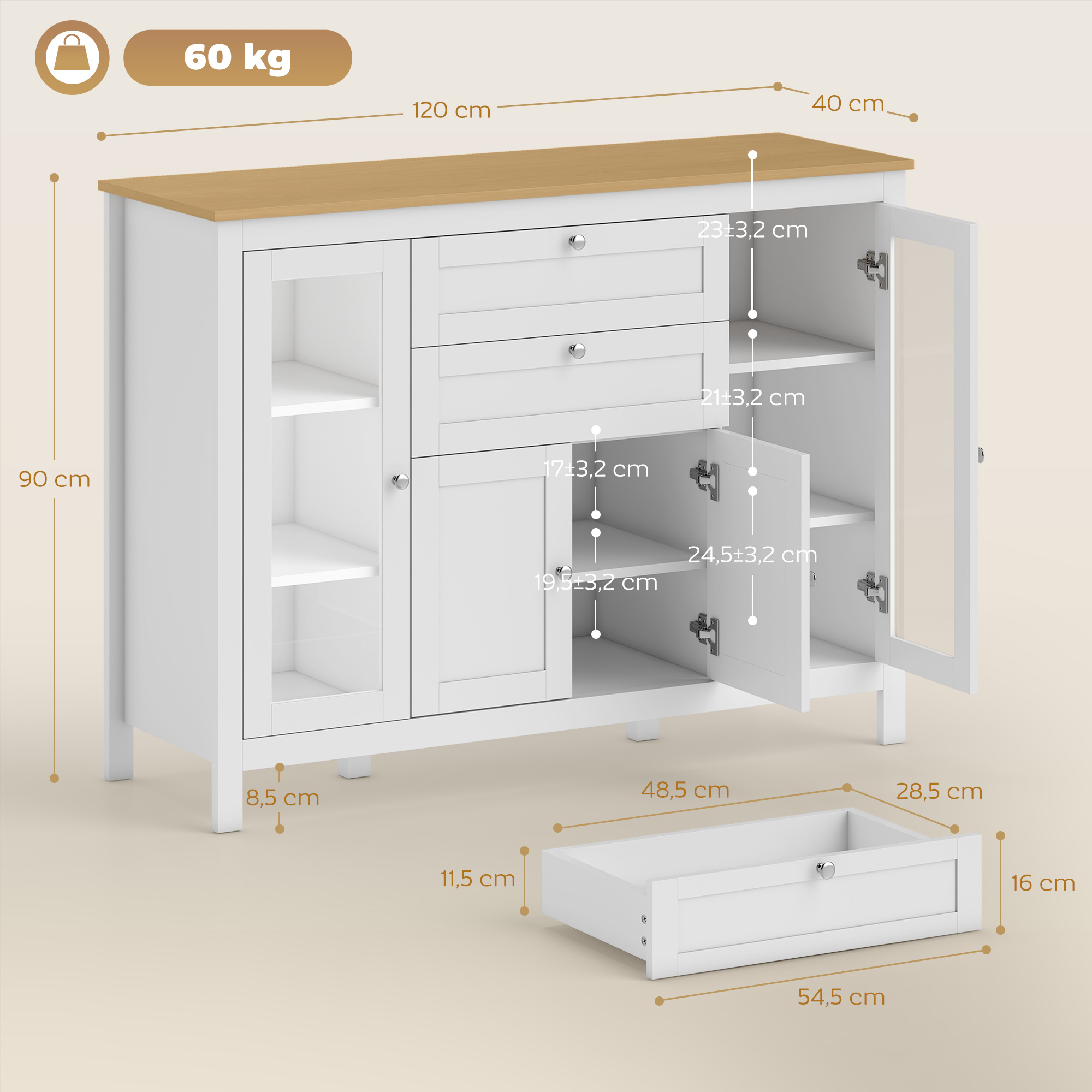 Gabinete blanco con tapa color madera, cajones, puertas y etiquetas de dimensiones.