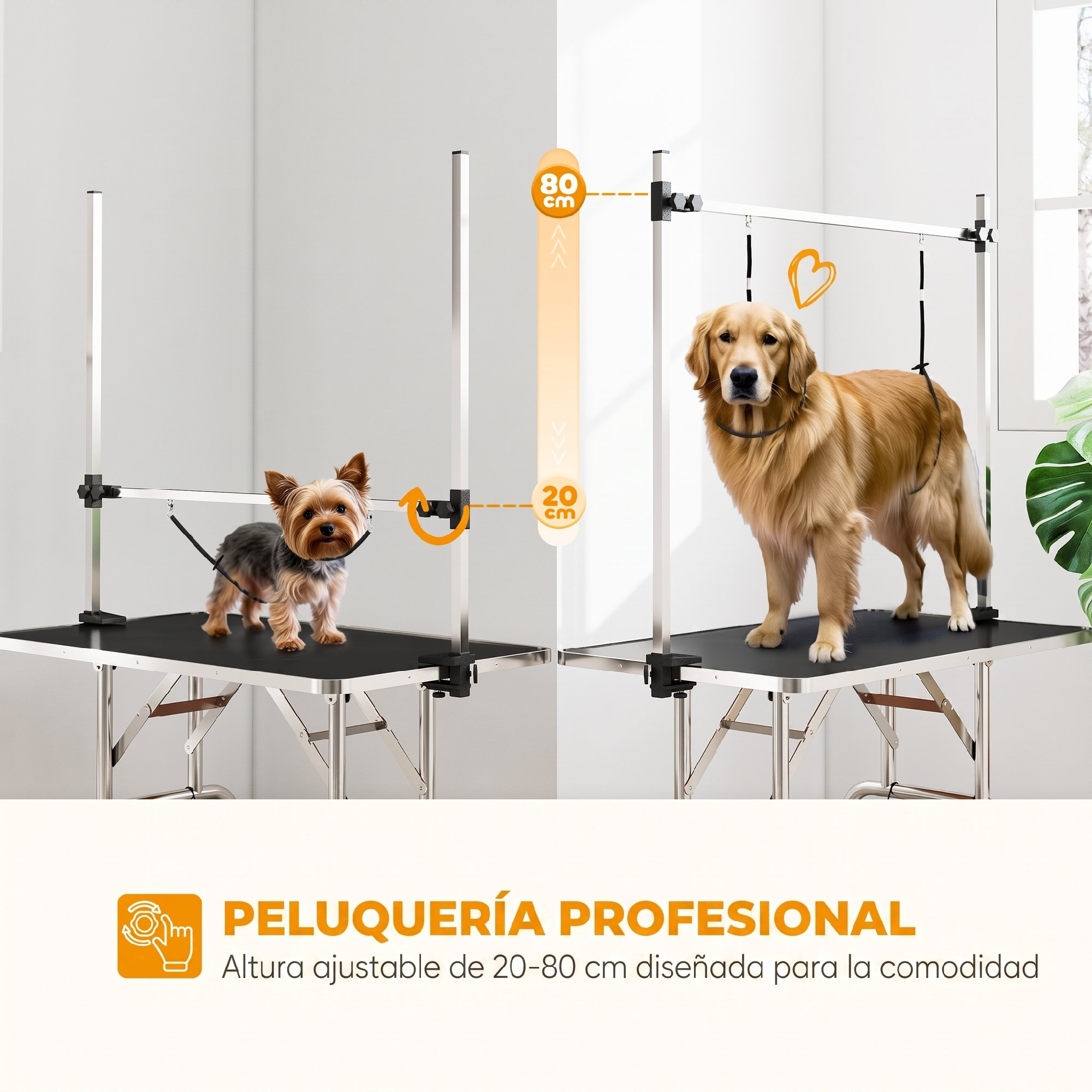 Dos mesas de aseo con perros: un Yorkie y un Golden Retriever, con altura ajustable de 20 a 80 cm.