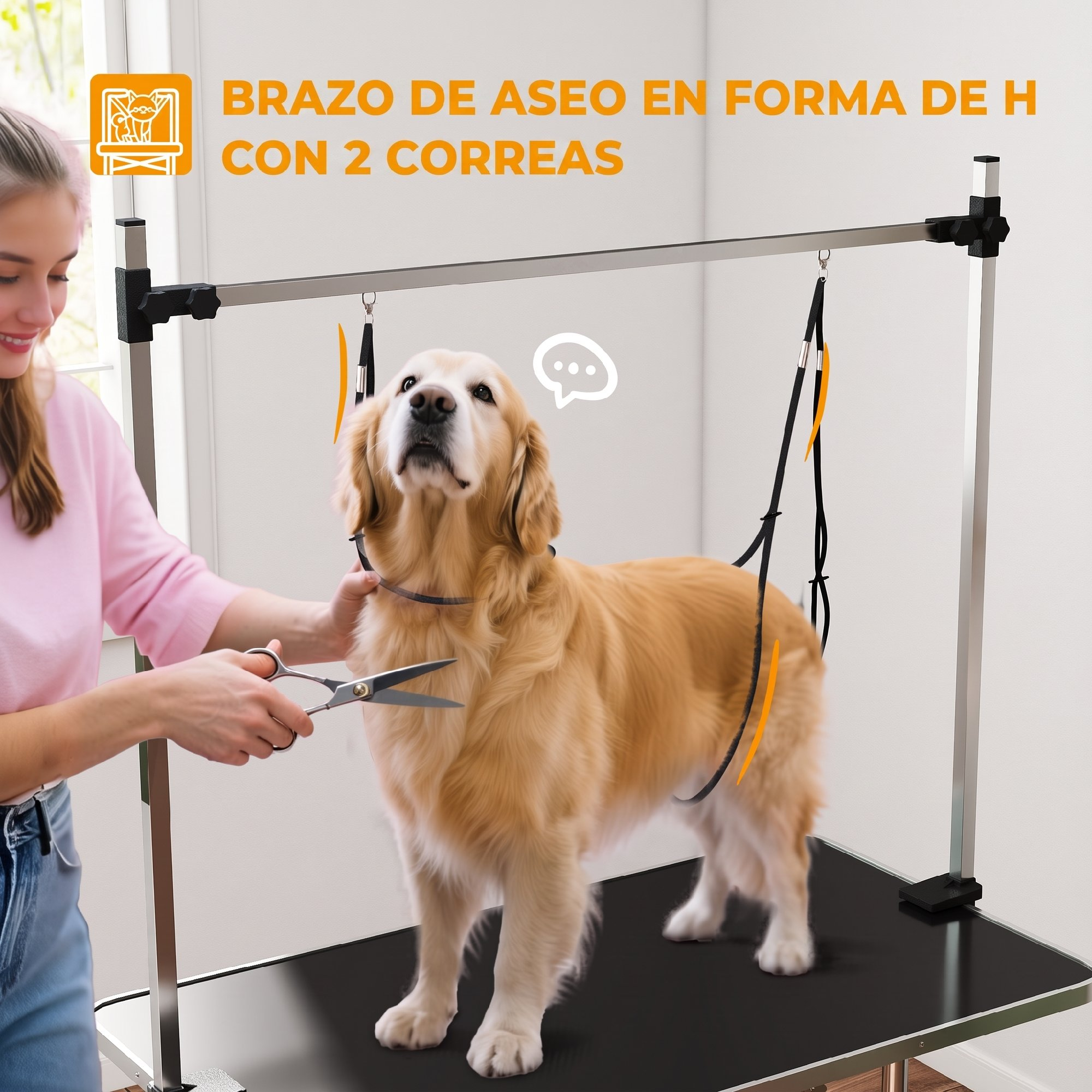 Brazo de aseo en forma de H con dos correas en una mesa con un perro.
