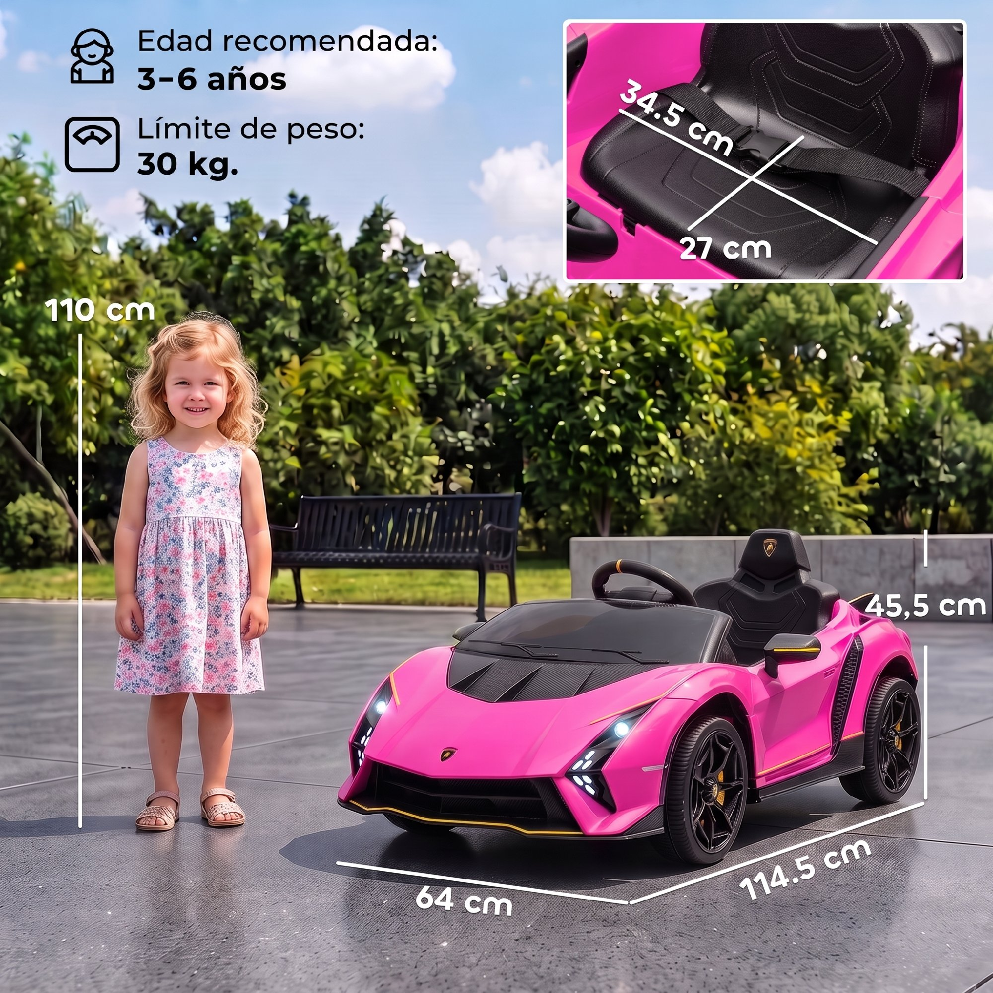 Niña de pie junto a un coche de juguete eléctrico rosa, con dimensiones superpuestas y detalles del producto.