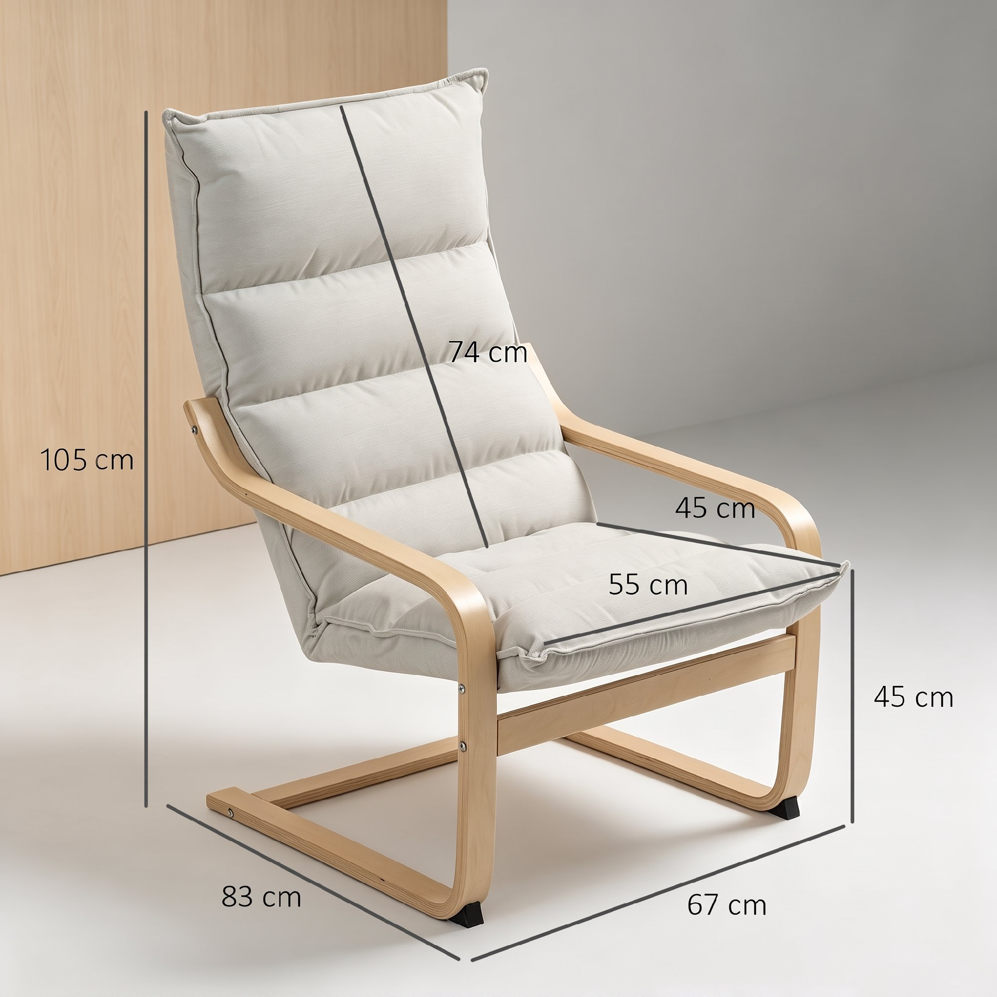 Sillón beige con estructura de madera y medidas.