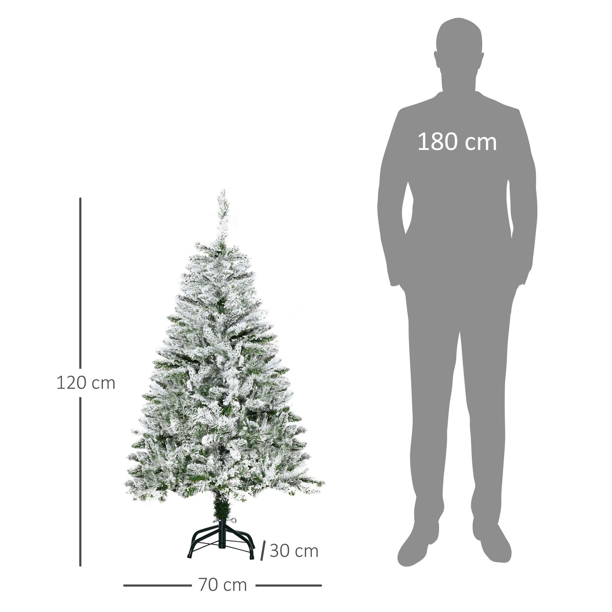 Diagrama de un árbol de navidad artificial nevado de 120 cm junto a una silueta humana gris de 180 cm para comparar escala.