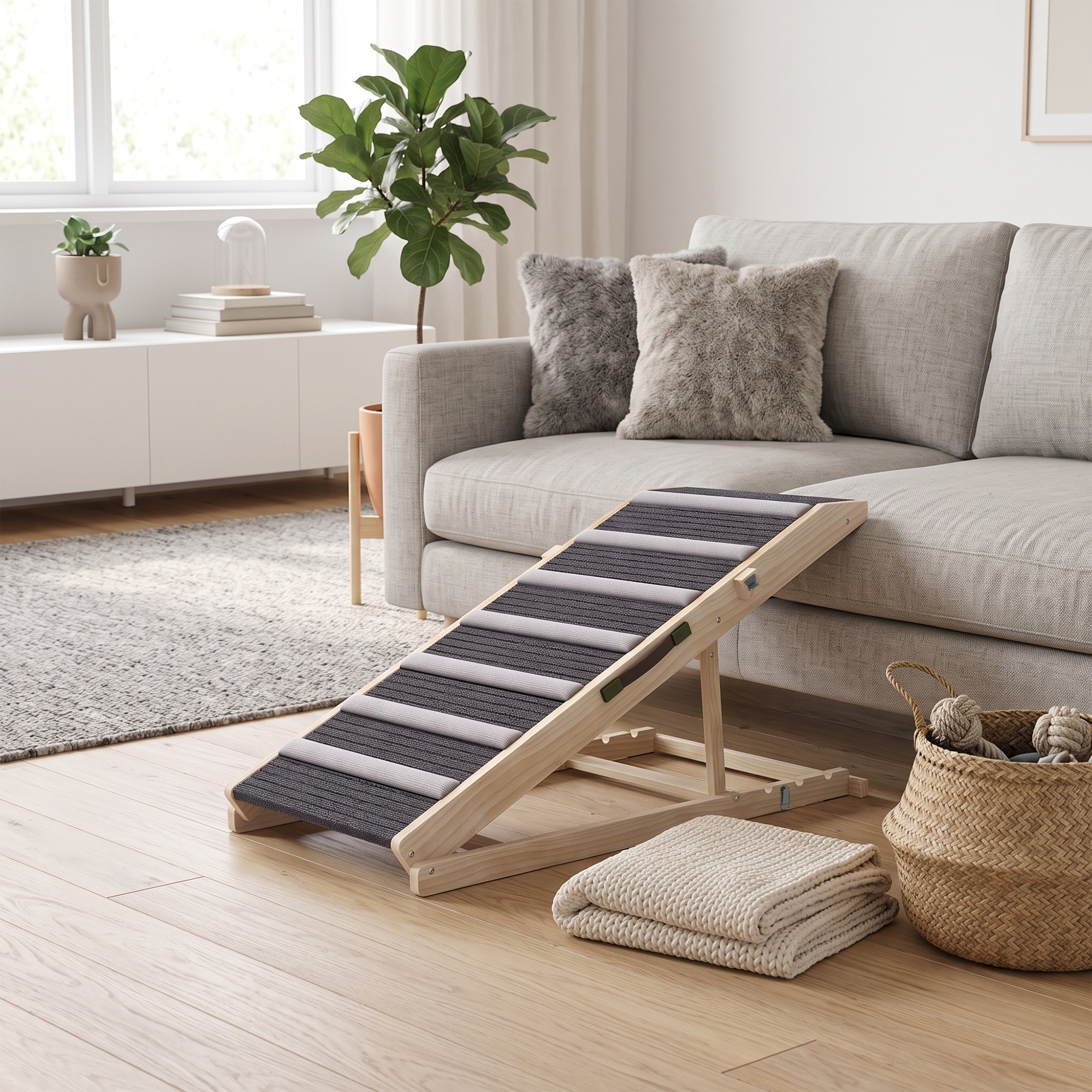 Una rampa de madera para perros con peldaños alfombrados en gris frente a un sofá gris en una sala luminosa.