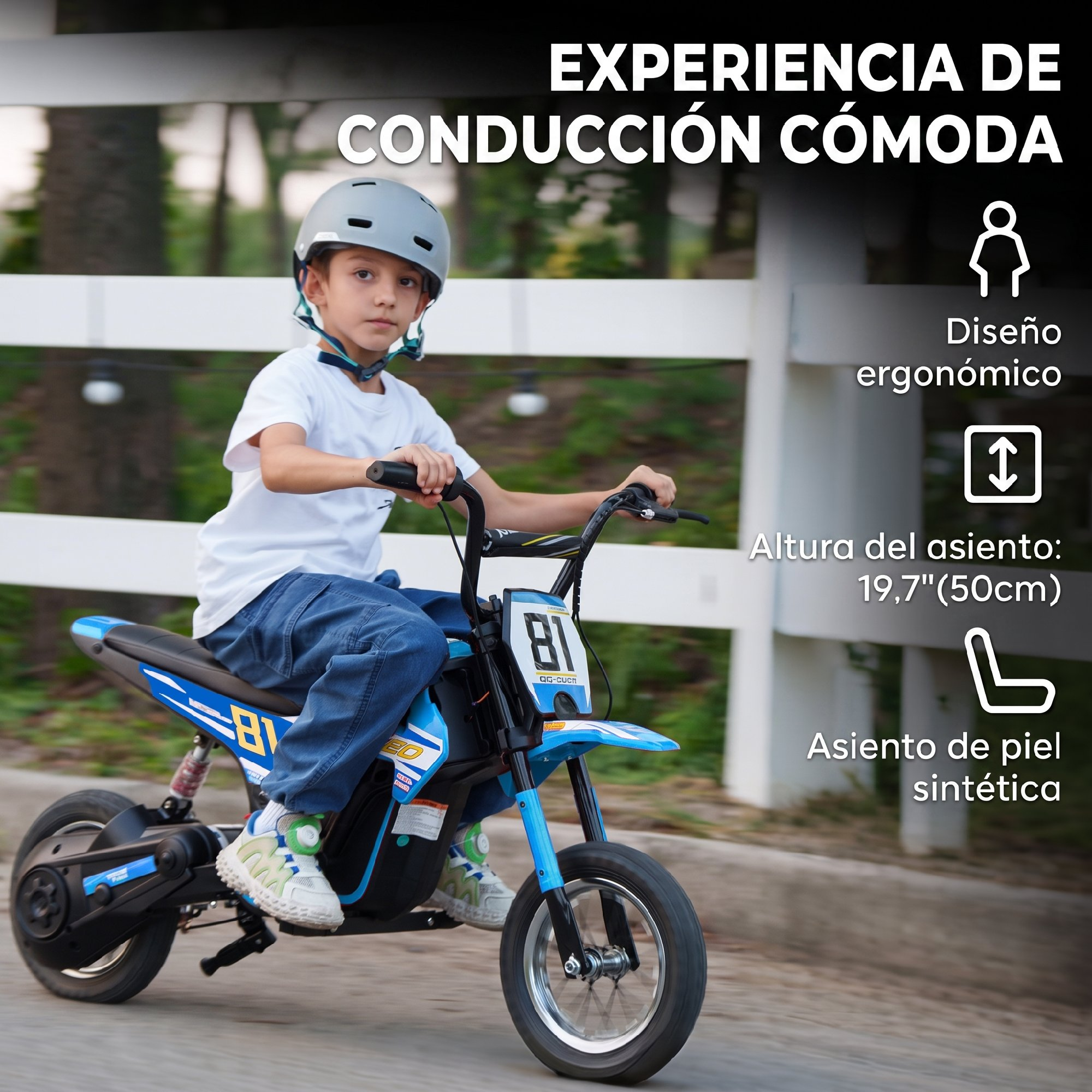 Un niño monta una moto eléctrica azul al aire libre, con casco y camisa blanca, texto en español e iconos.